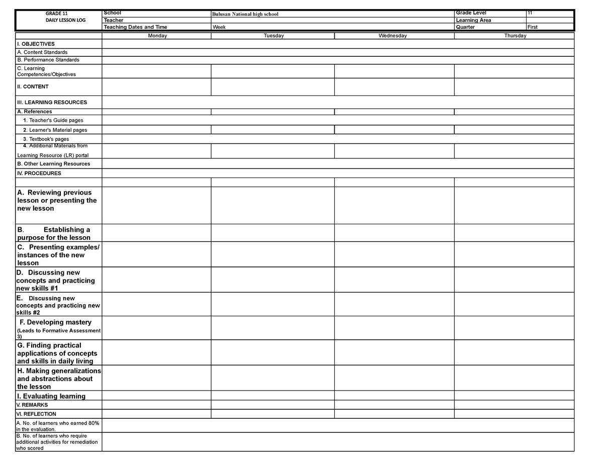 DLL template - Educational purposes - GRADE 11 DAILY LESSON LOG School ...