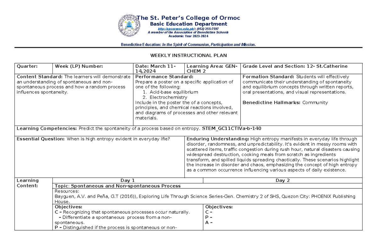 Lesson Plan Grade 12 Gen Chem 8 - The St. Peter’s College of Ormoc ...