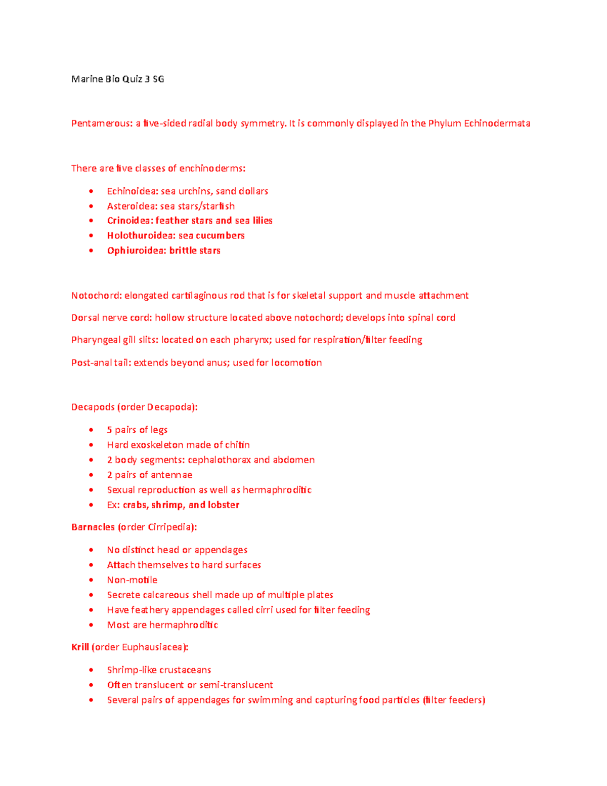 Marine Biology Quiz 3 Study Guide Marine Bio Quiz 3 SG Pentamerous a