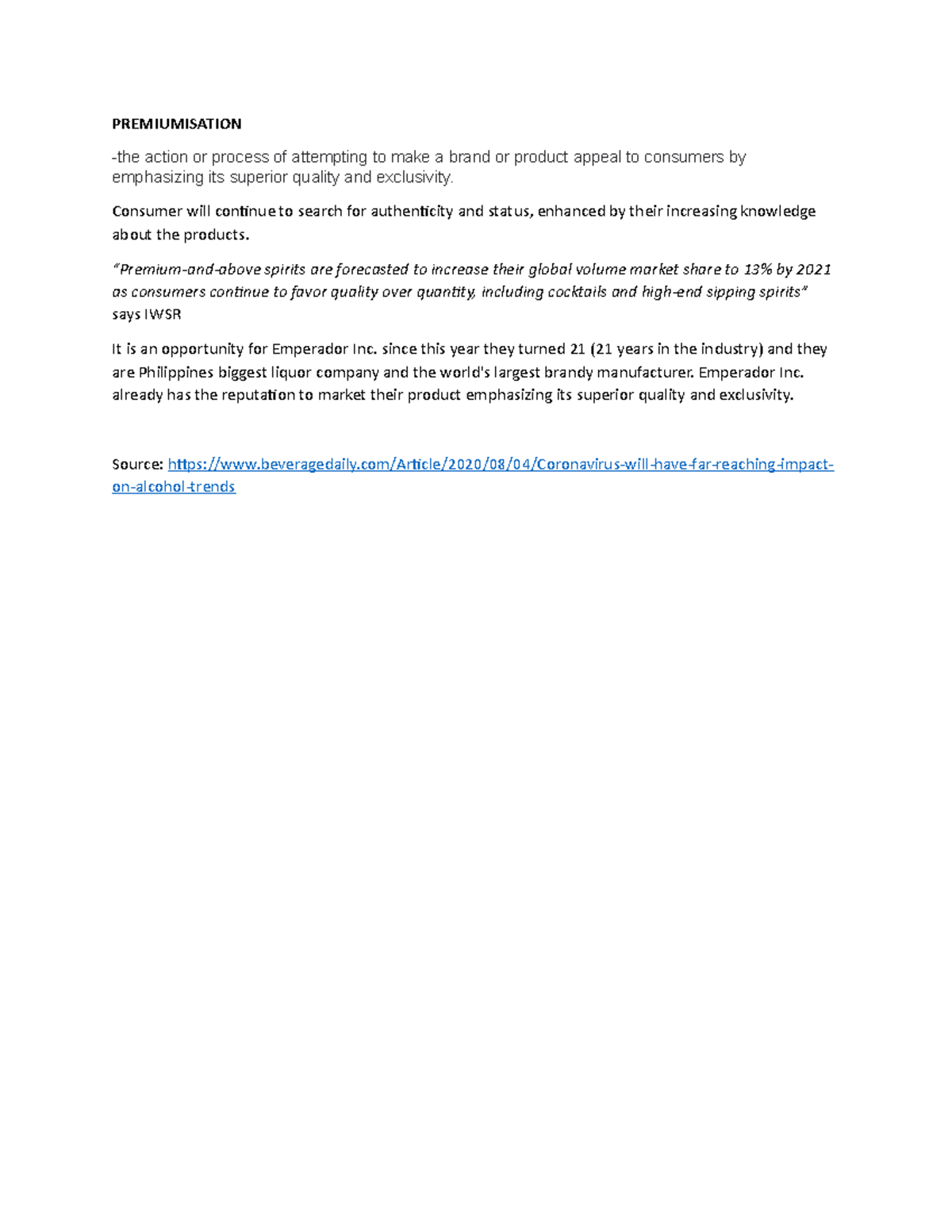 Premiumisation - Lecture notes 1 - PREMIUMISATION -the action or ...
