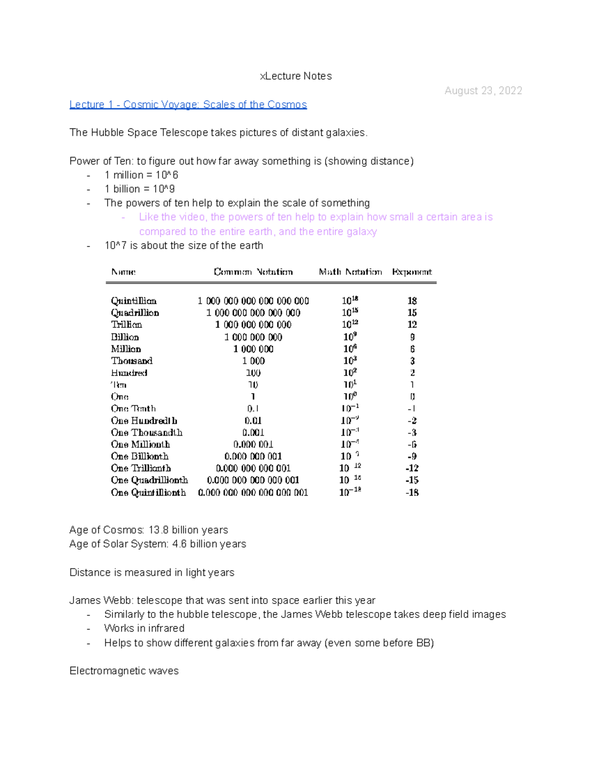 Lecture Notes (Astronomy) - xLecture Notes August 23, 2022 Lecture 1 ...