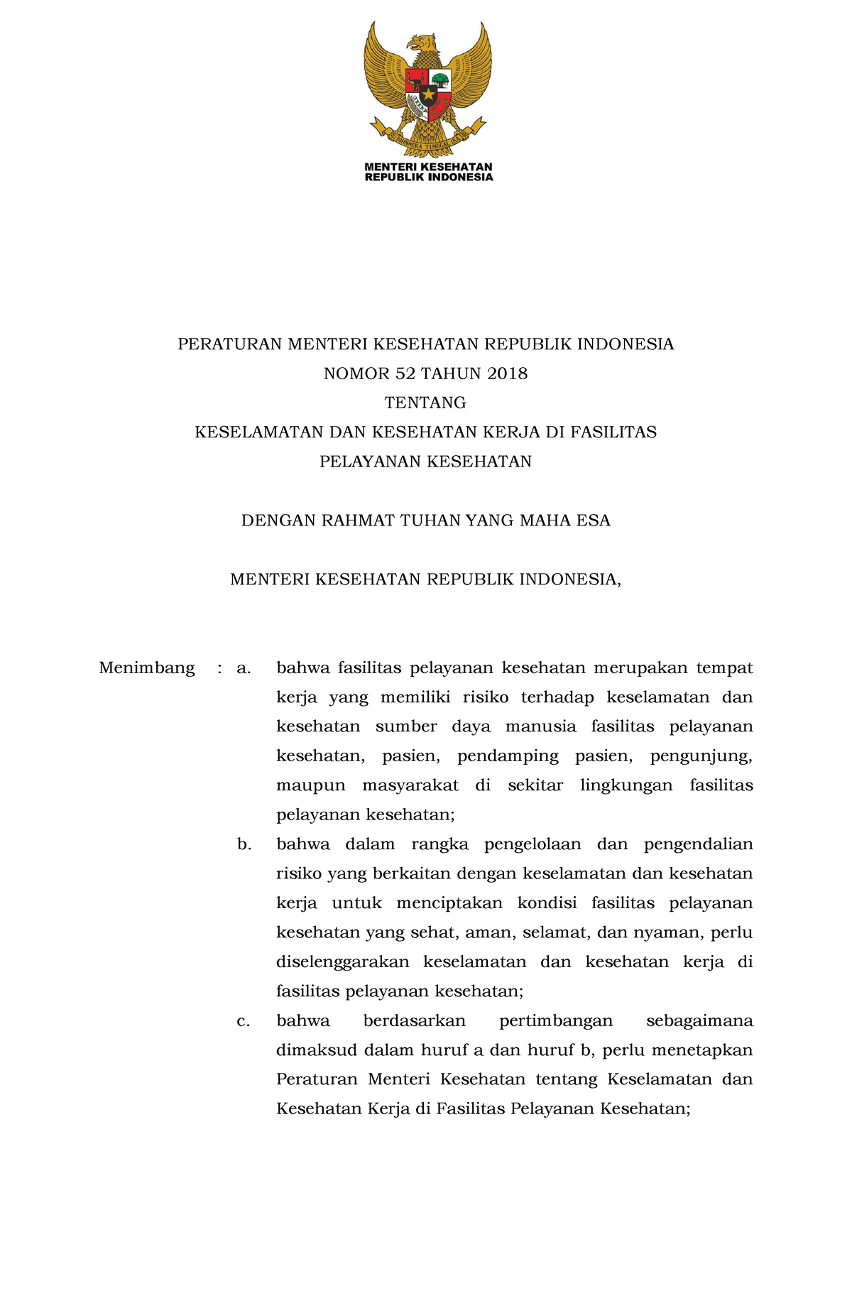 PMK 52 2018 TTG K3 - Permenkes Tentang Keselamatan Dan Kesehatan Kerja ...