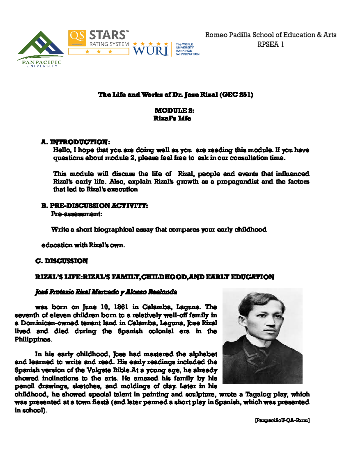 RZL 251 Module 2 - Summary Life and Works of Rizal - The Life and Works ...