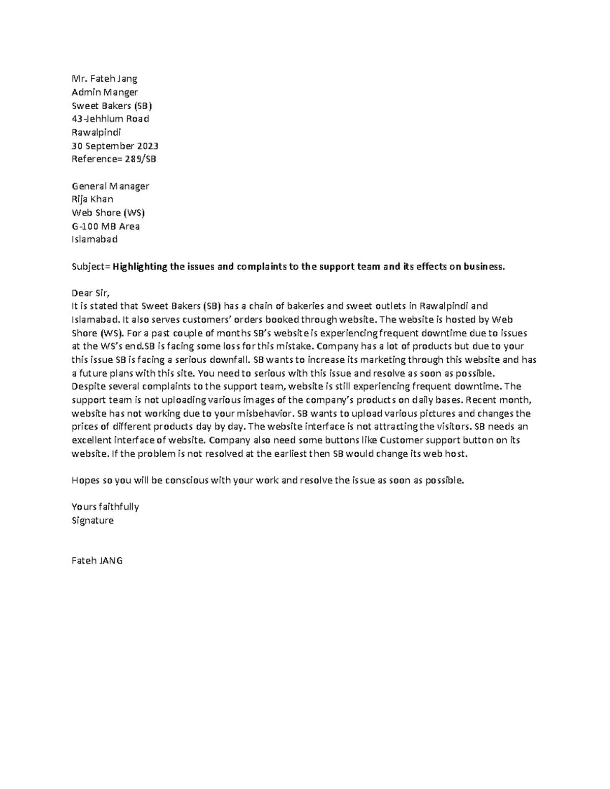 Self letter - Mr. Fateh Jang Admin Manger Sweet Bakers (SB) 43-Jehhlum ...