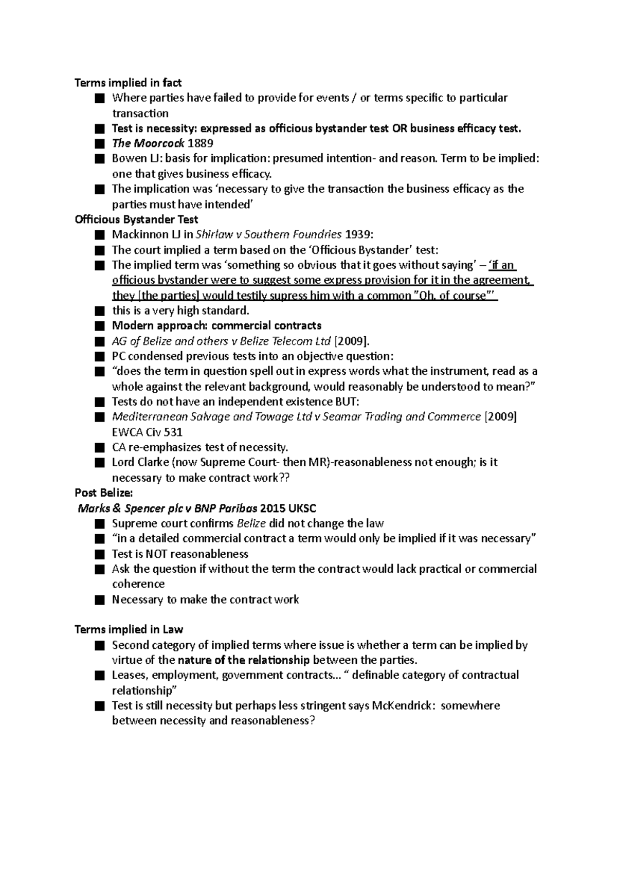 Terms Implied - Contract Law - Terms Implied In Fact Where Parties Have ...