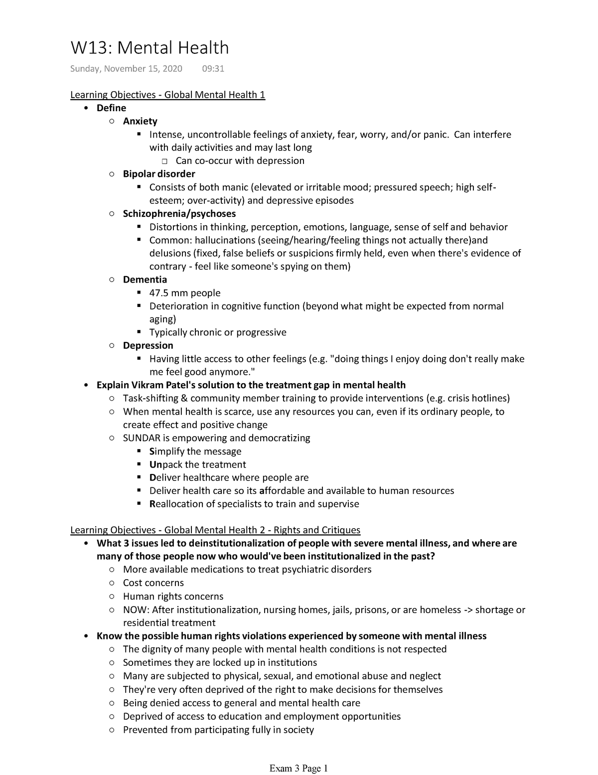 W13 Mental Health - Lecture notes 13 - Learning Objectives - Global ...