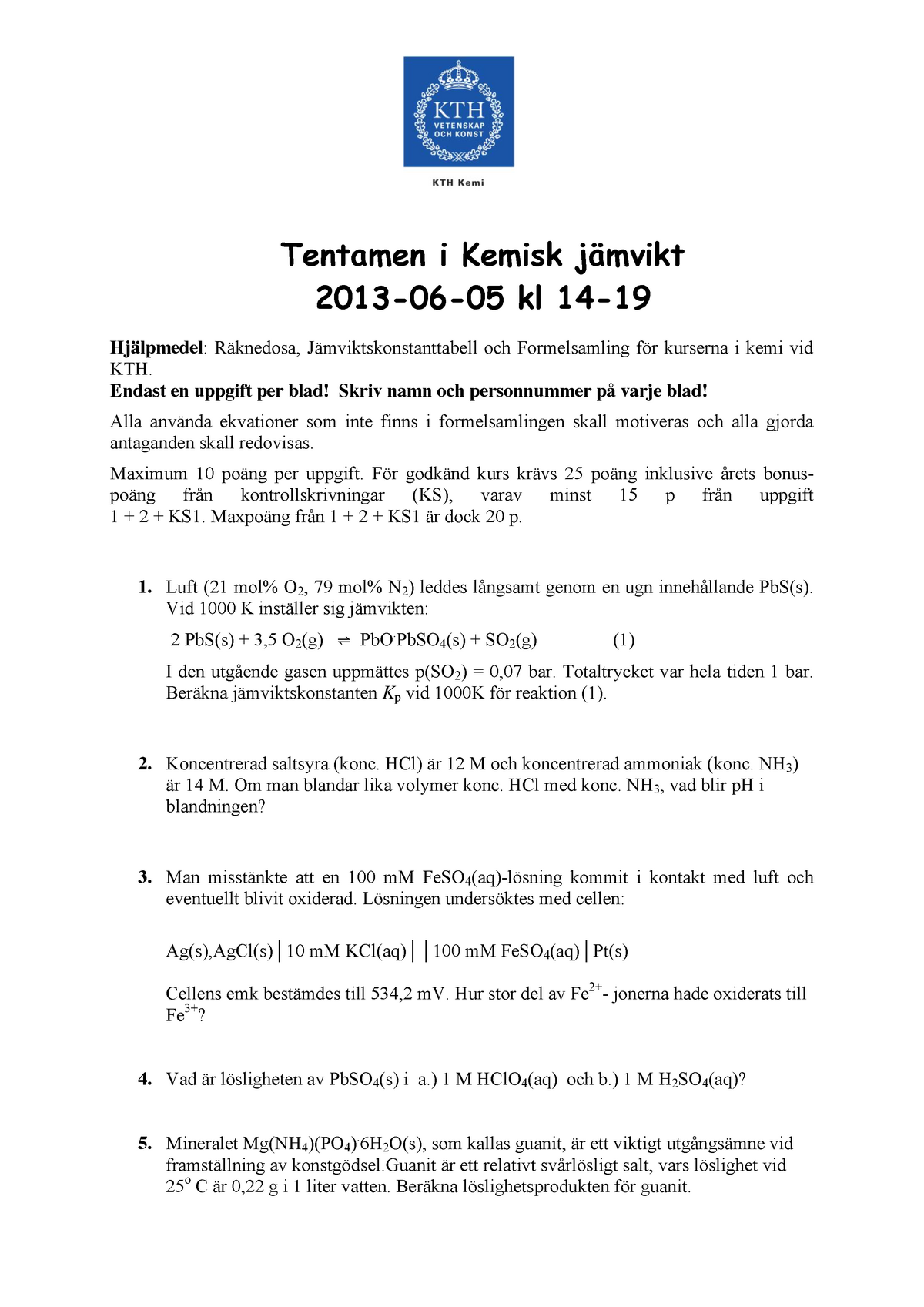 Kemisk Analys Och Kemisk Jämvikt KD1280/KD1510 - Tentamen 2013-06-05 ...