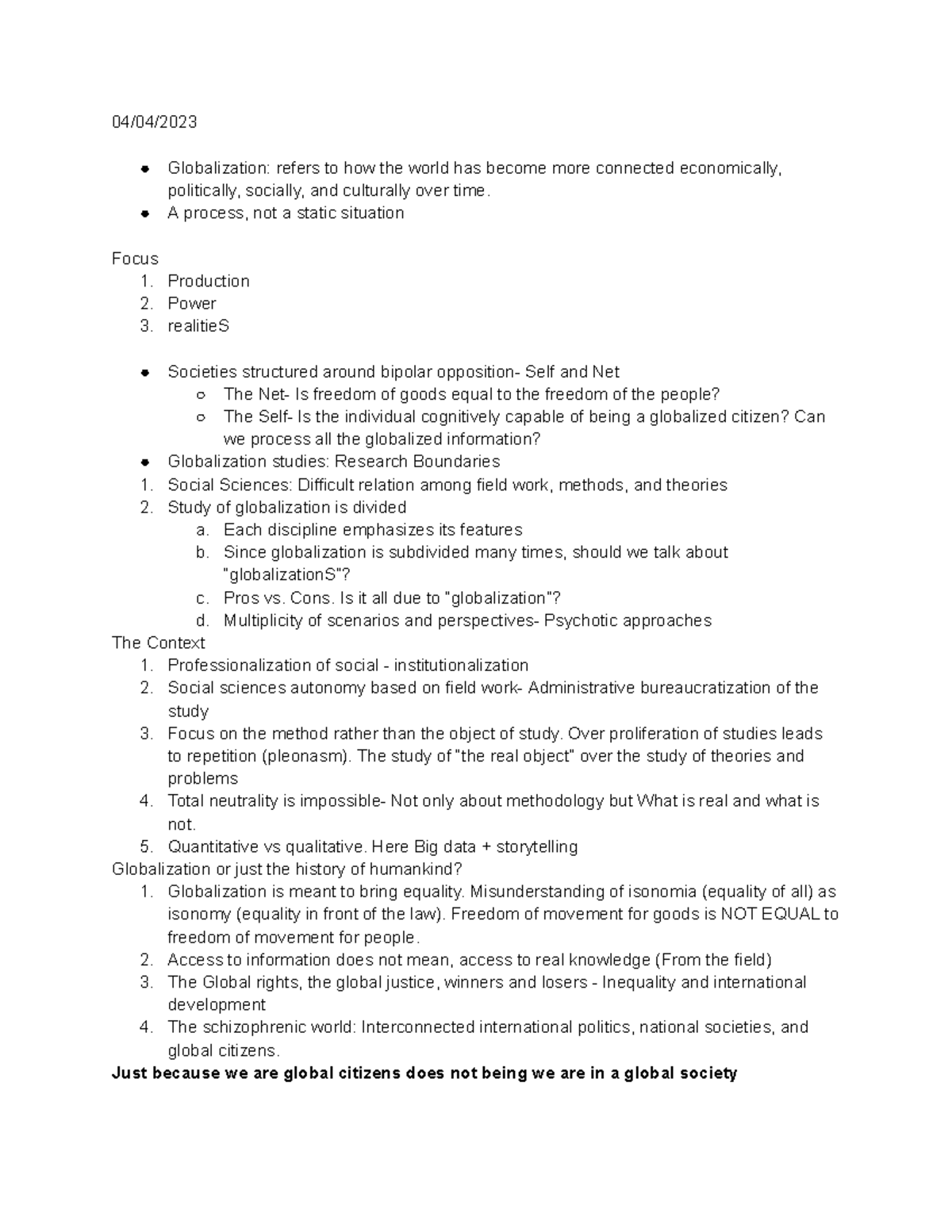 Sociology 2 Notes - Google Docs - 04/04/ Globalization: refers to how ...