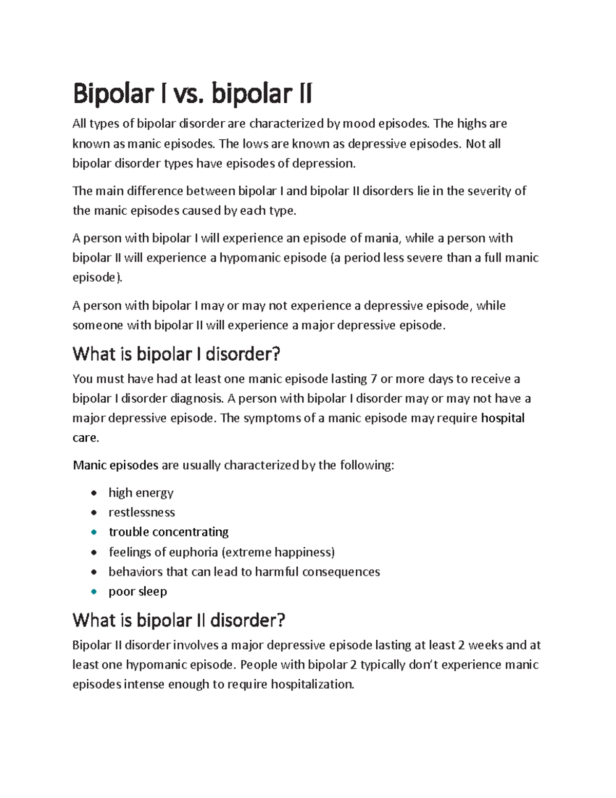 Bipolar 1 and 2 Notes - Bipolar I vs. bipolar II All types of bipolar ...