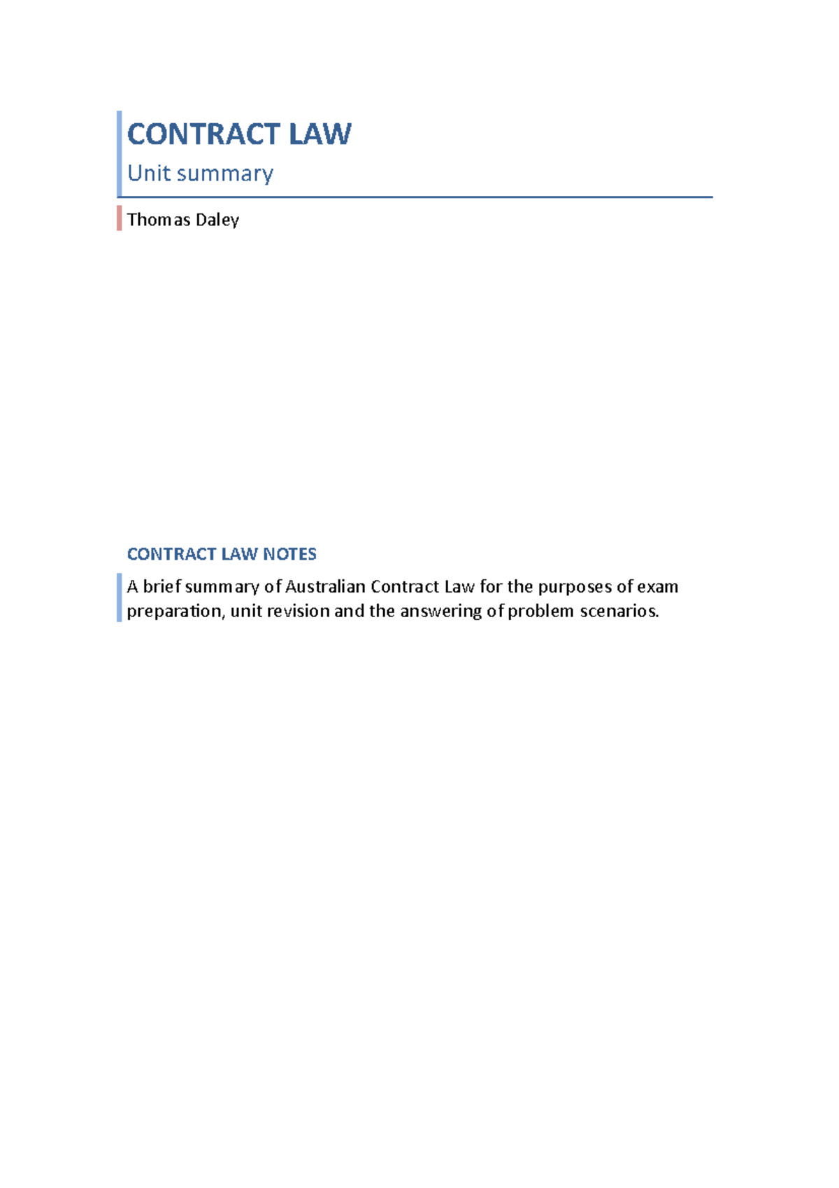 Contracts notes G CONTRACT LAW Unit summary Thomas Daley CONTRACT LAW