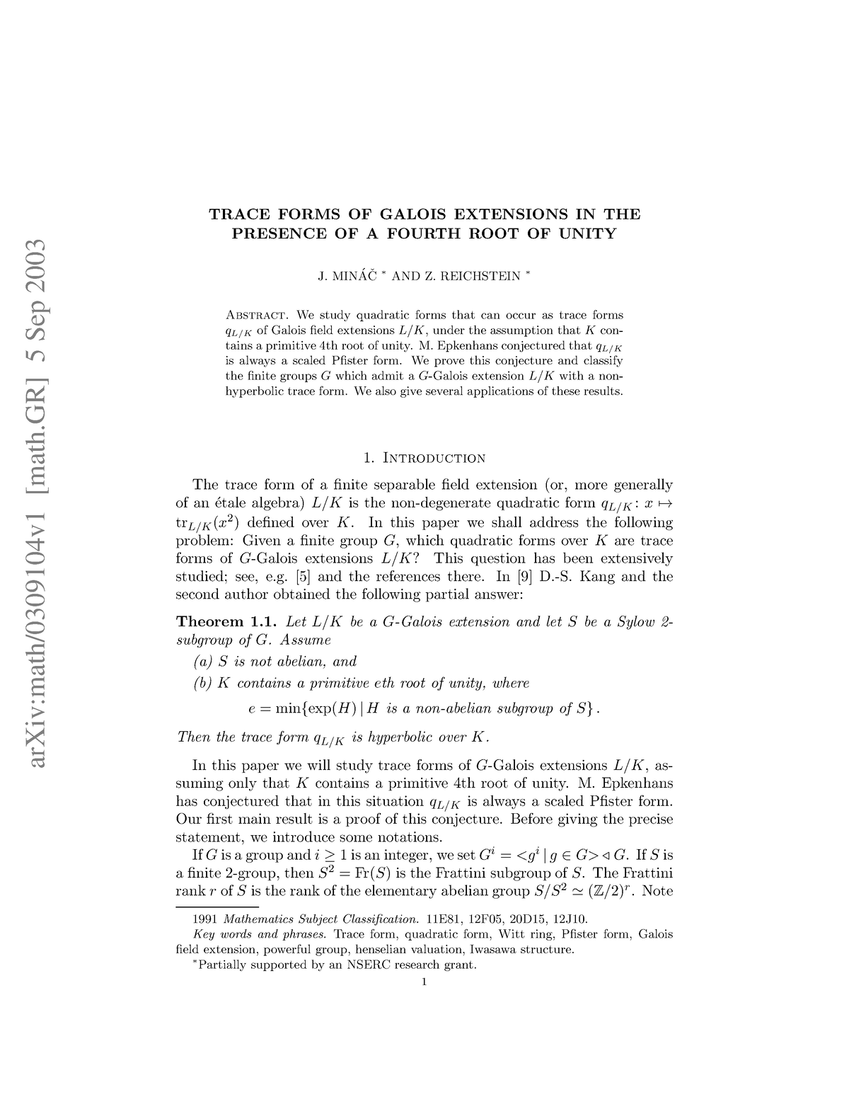 0309104 - Cours - ArXiv:math/0309104v1 [math] 5 Sep 2003 TRACE FORMS OF ...