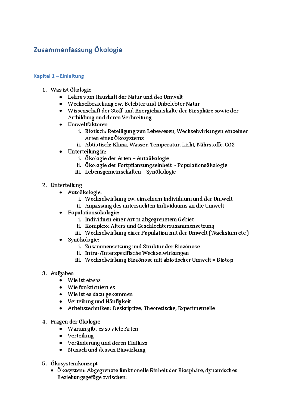 Lehre Vom Haushalt Der Natur Zusammenfassung Öko - Zusammenfassung Kapitel 1 Einleitung 1. Was ist