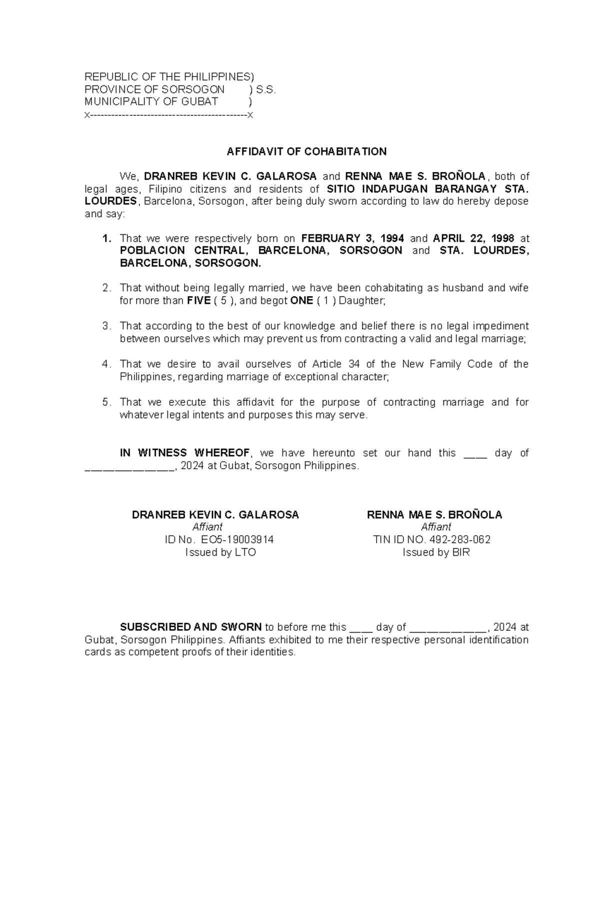 Affidavit OF Cohabitation - REPUBLIC OF THE PHILIPPINES) PROVINCE OF ...