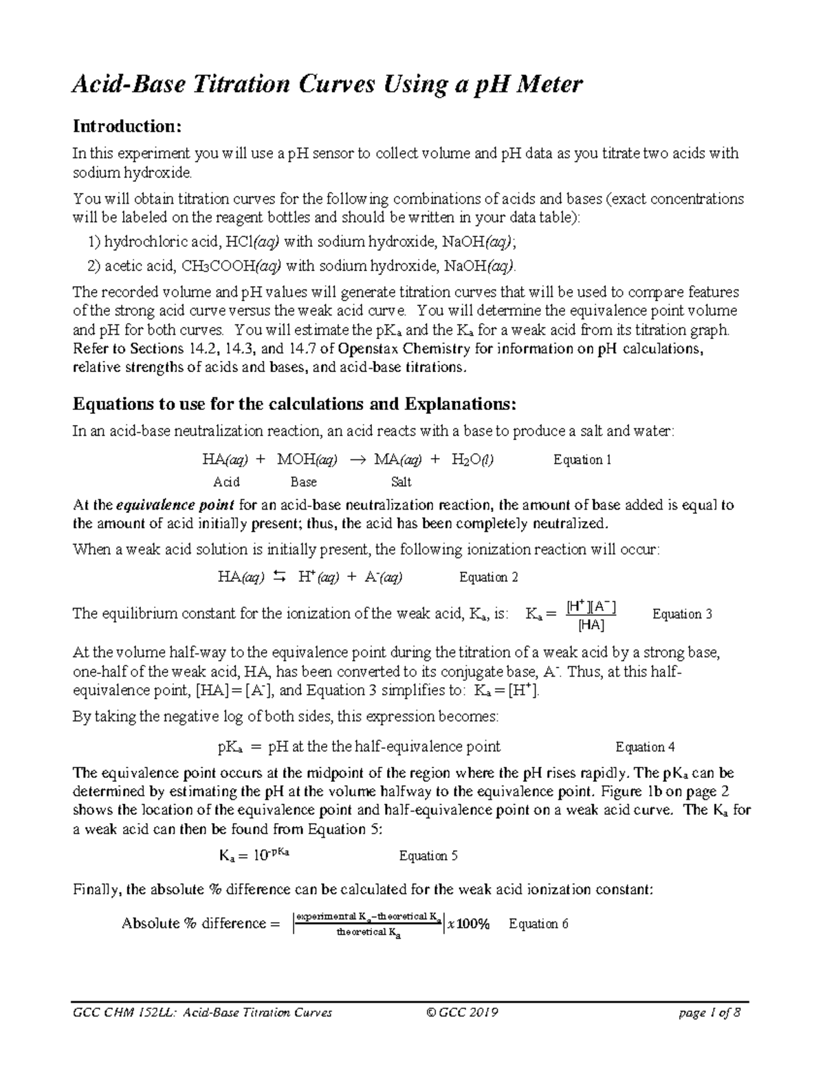 ABcurves Sp 19 lab report AcidBase Titration Curves Using a pH Meter Introduction In this
