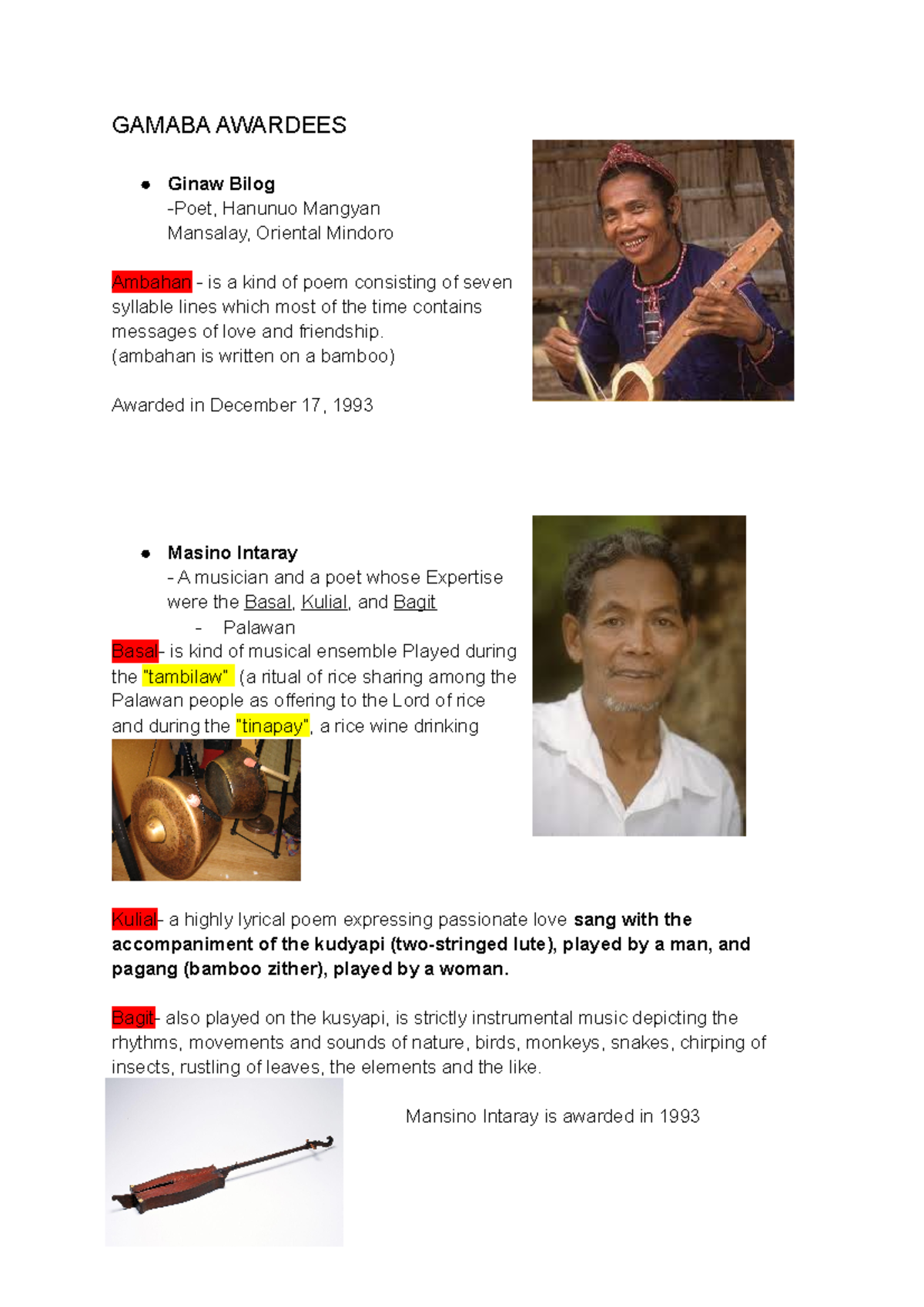 National Artist Of The Philippines Gamaba Awardees