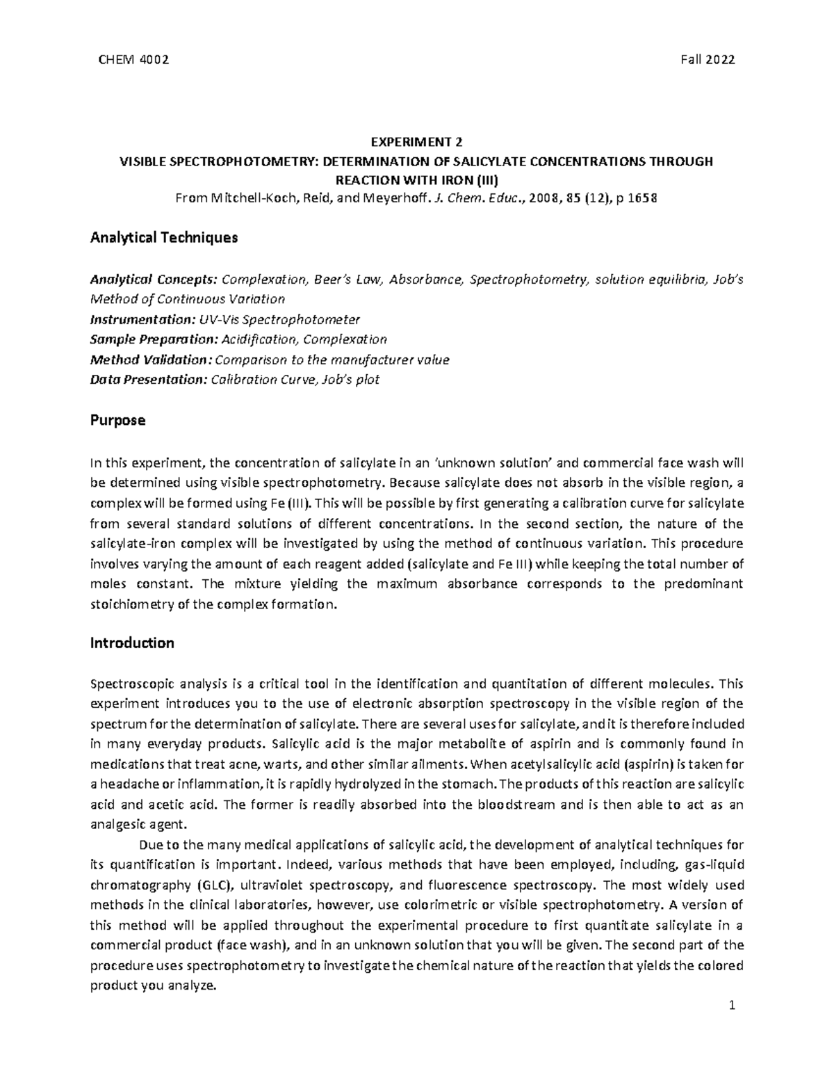 EXP 2 Procedure F22 - EXPERIMENT 2 VISIBLE SPECTROPHOTOMETRY ...