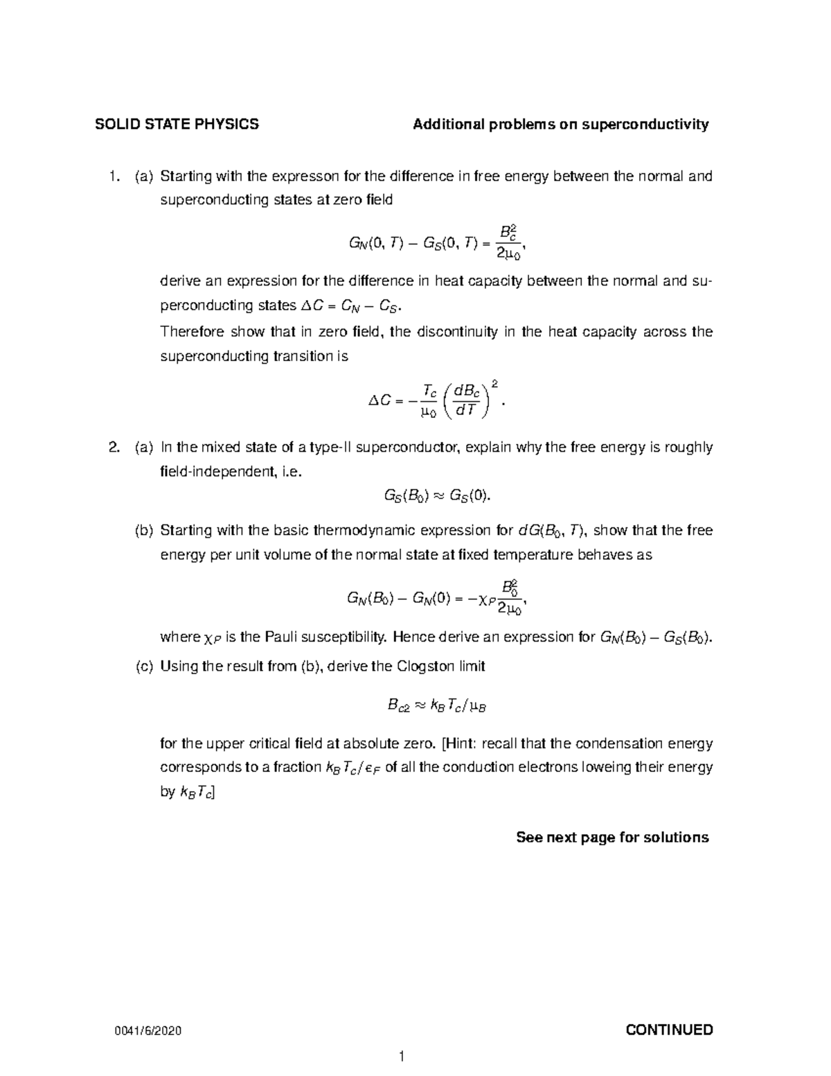 Additional problems superconductivity - SOLID STATE PHYSICS Additional ...