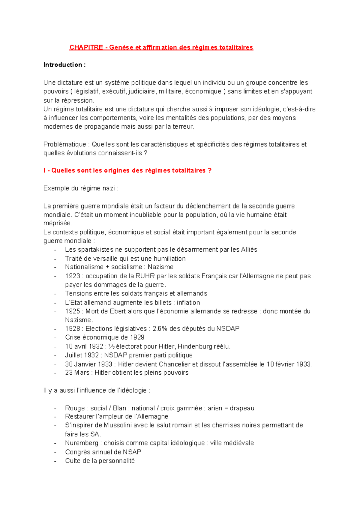 Les Régimes Totalitaires Terminale Fiche De Révision Chapitre Genèse et affirmation des régimes totalitaires - ​ CHAPITRE -  Genèse et affirmation des - Studocu