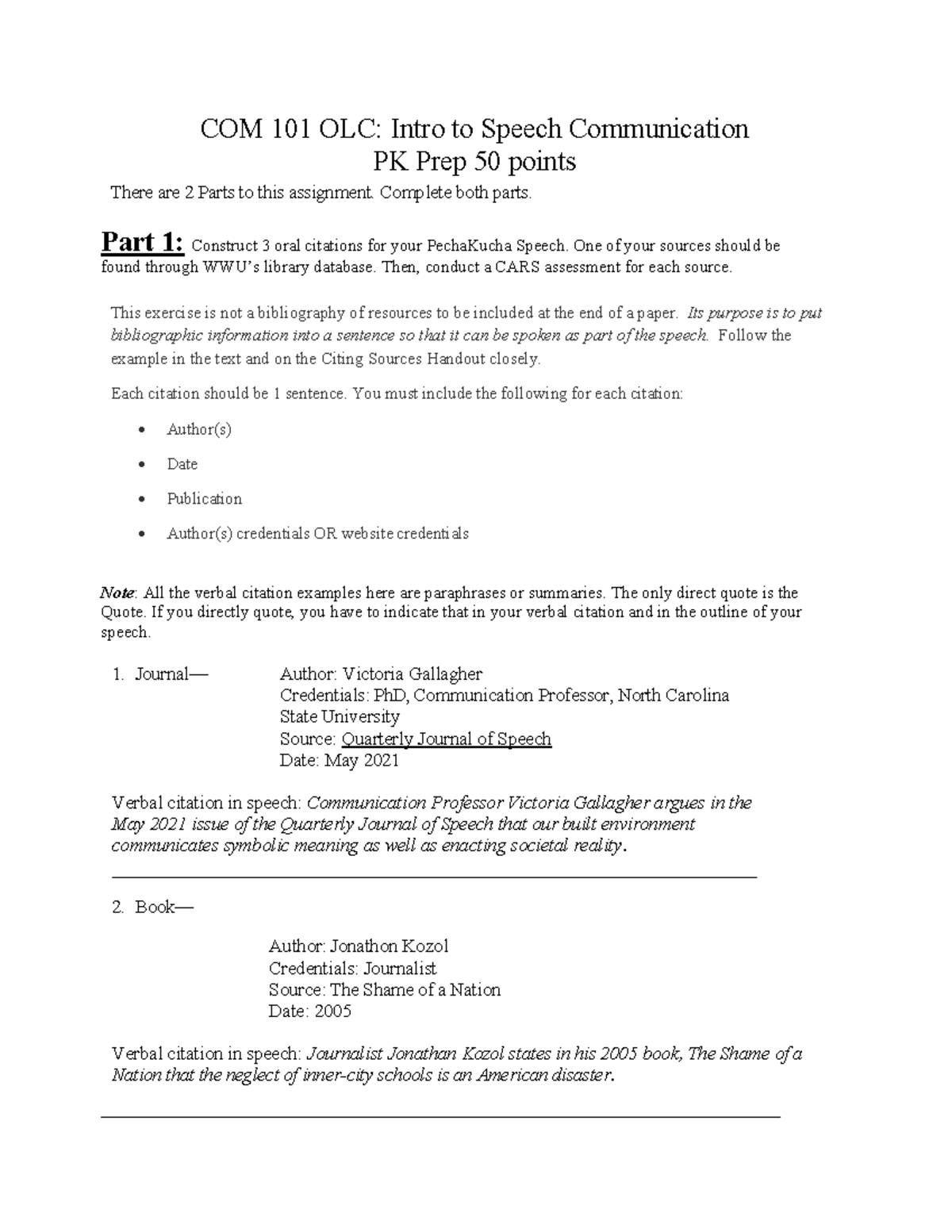 PK Prep n/a COM 101 OLC Intro to Speech Communication PK Prep 50