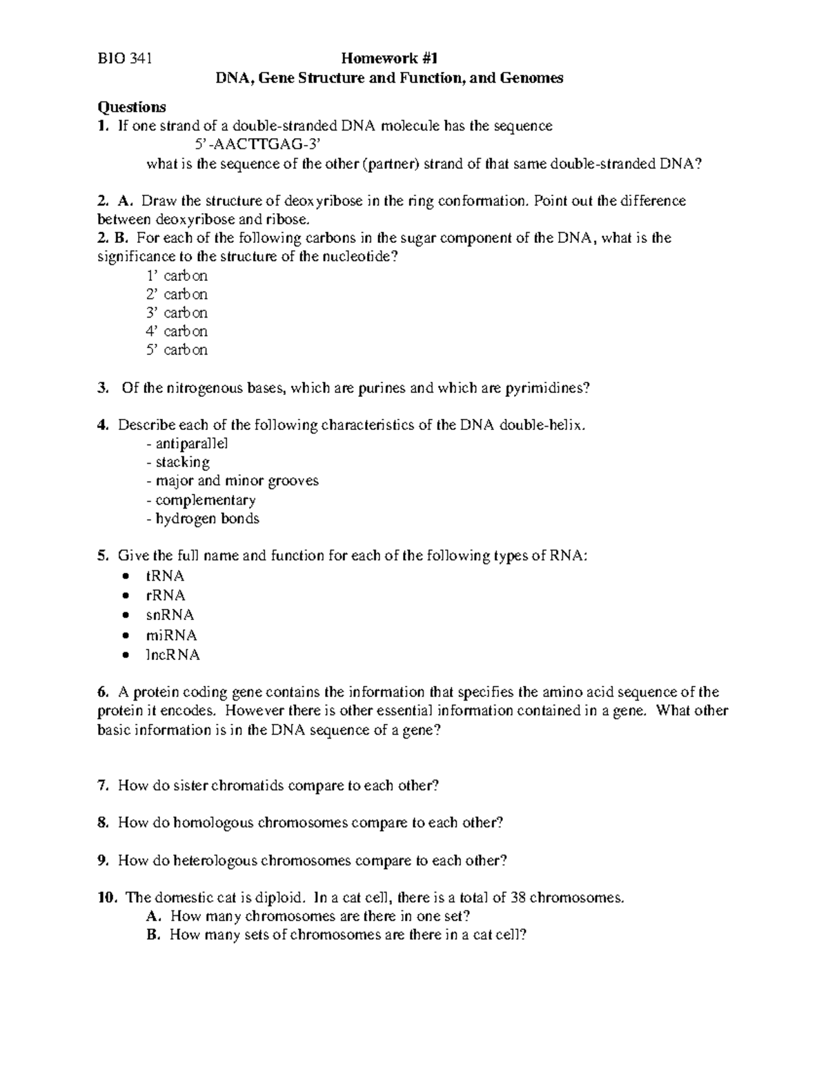 Homework 1 DNA, Gene Structure And Function, And Genomes - DNA, Gene ...