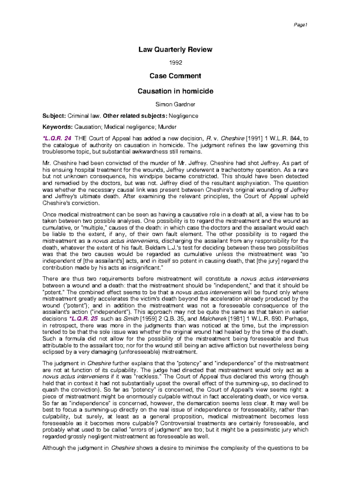 Lecture 1 - Causation in Homicide - Law Quarterly Review 1992 Case ...