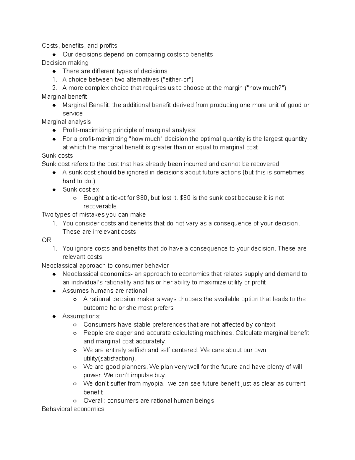 Intro To Microeconomics Chapter 9 - Costs, Benefits, And Profits Our ...