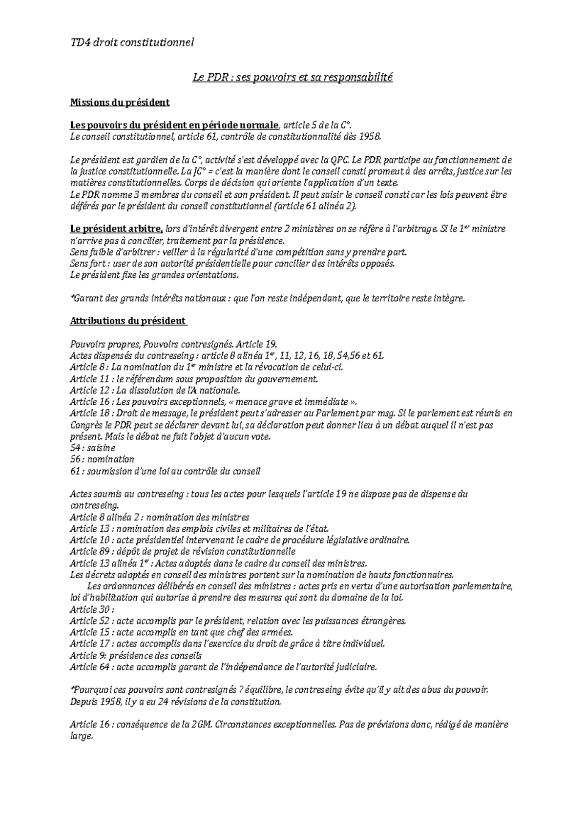 TD4 LE PRESIDENT DE LA REPUBLIQUE : ses pouvoirs et sa responsabilité ...