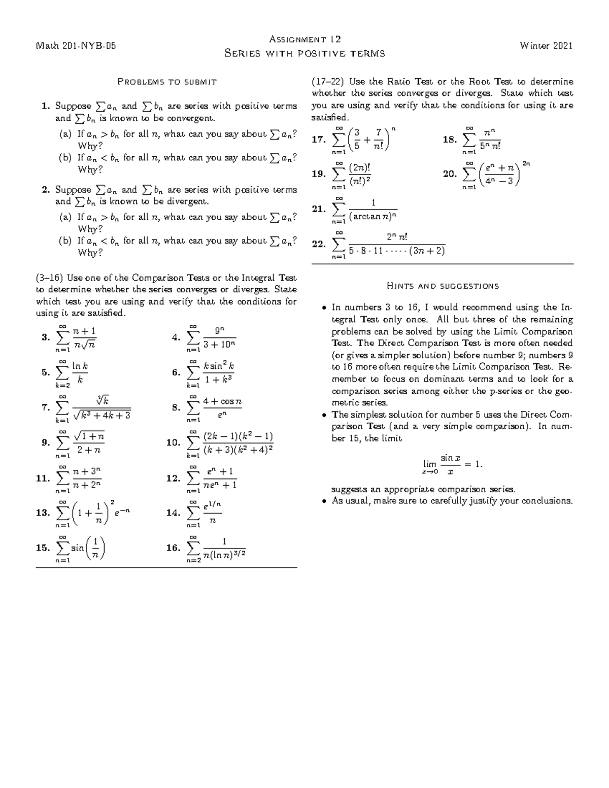 Assignment 12 - Math 201-NYB- Assignment 12 Series with positive terms ...