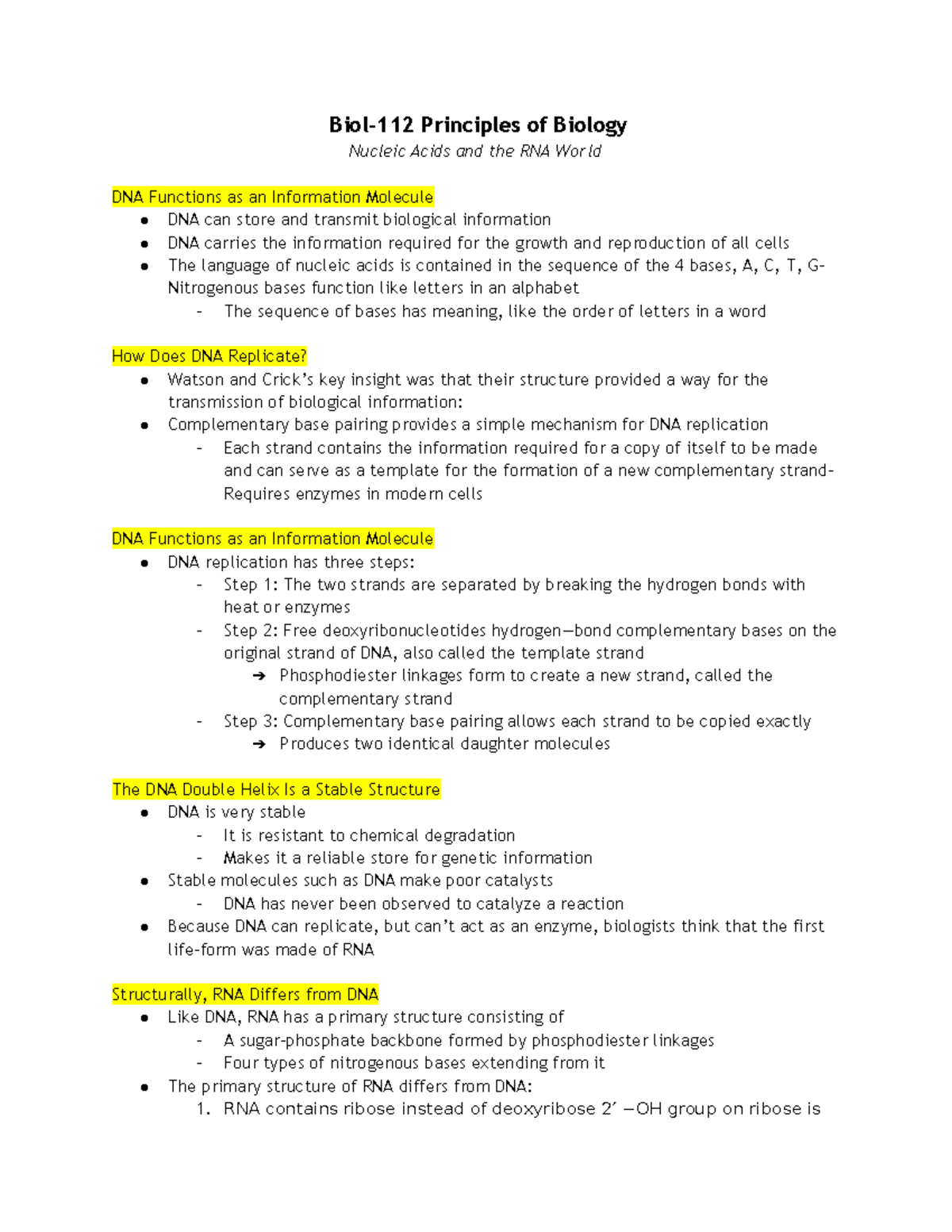 Biol-112 Principles of Biology Nucleic Acids and the RNA World - Biol ...