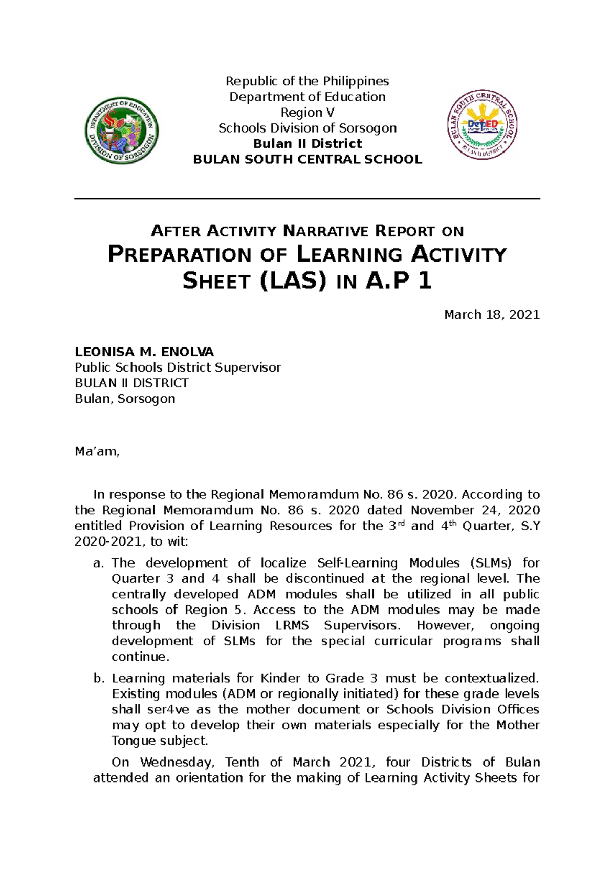 Narrative Report IN AP LAS Making - Republic of the Philippines ...
