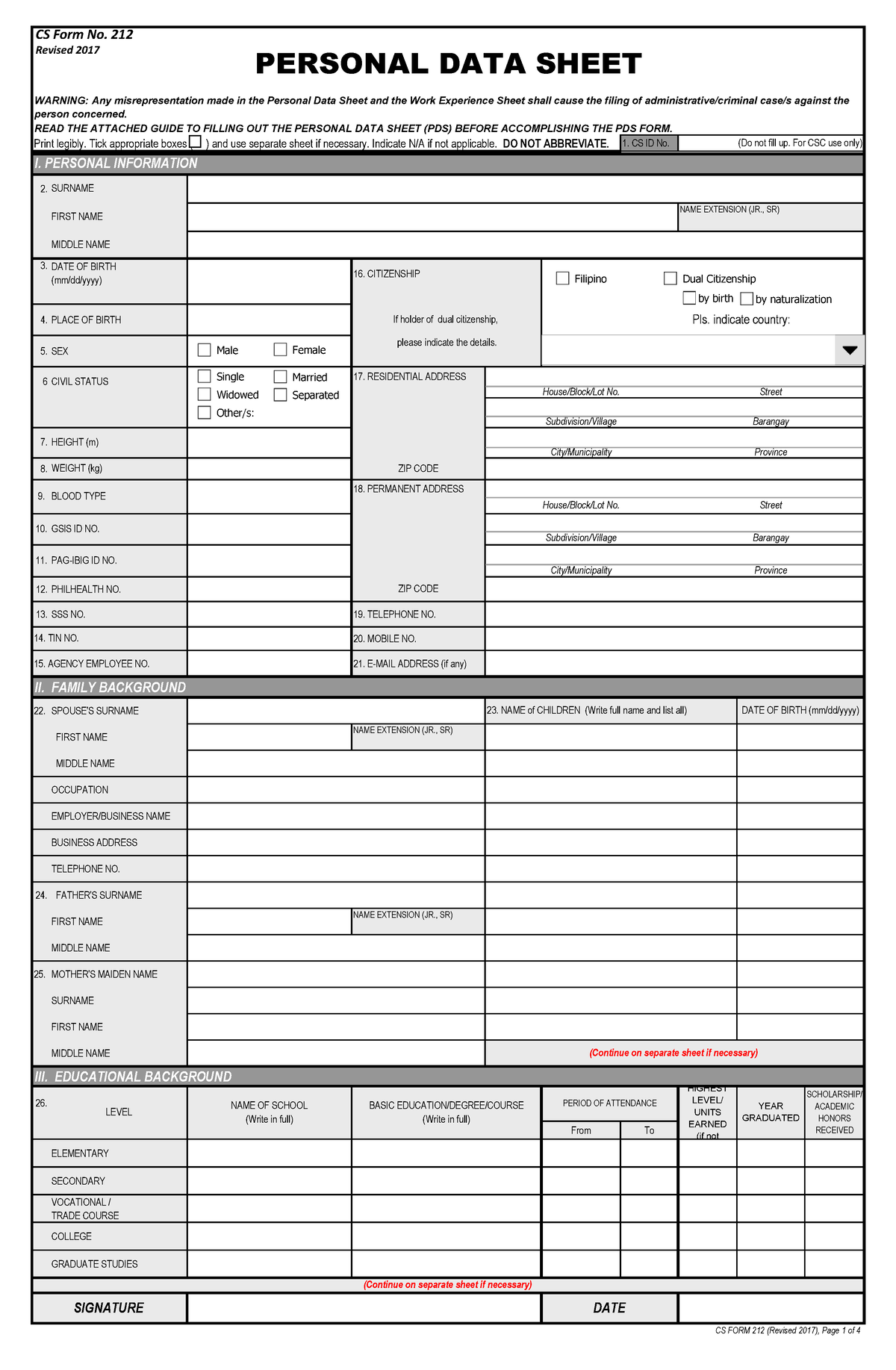 PDS CS Form No 212 Revised 2017 Print legibly. Tick appropriate boxes