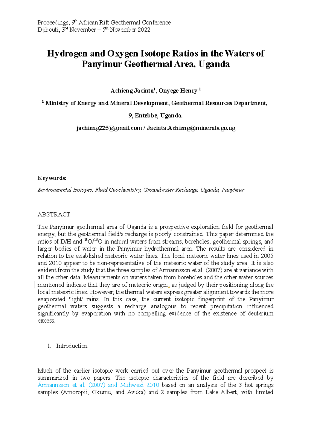 Hydrogen and Oxygen Isotope Ratios in the Waters of Panyimur Geothermal ...