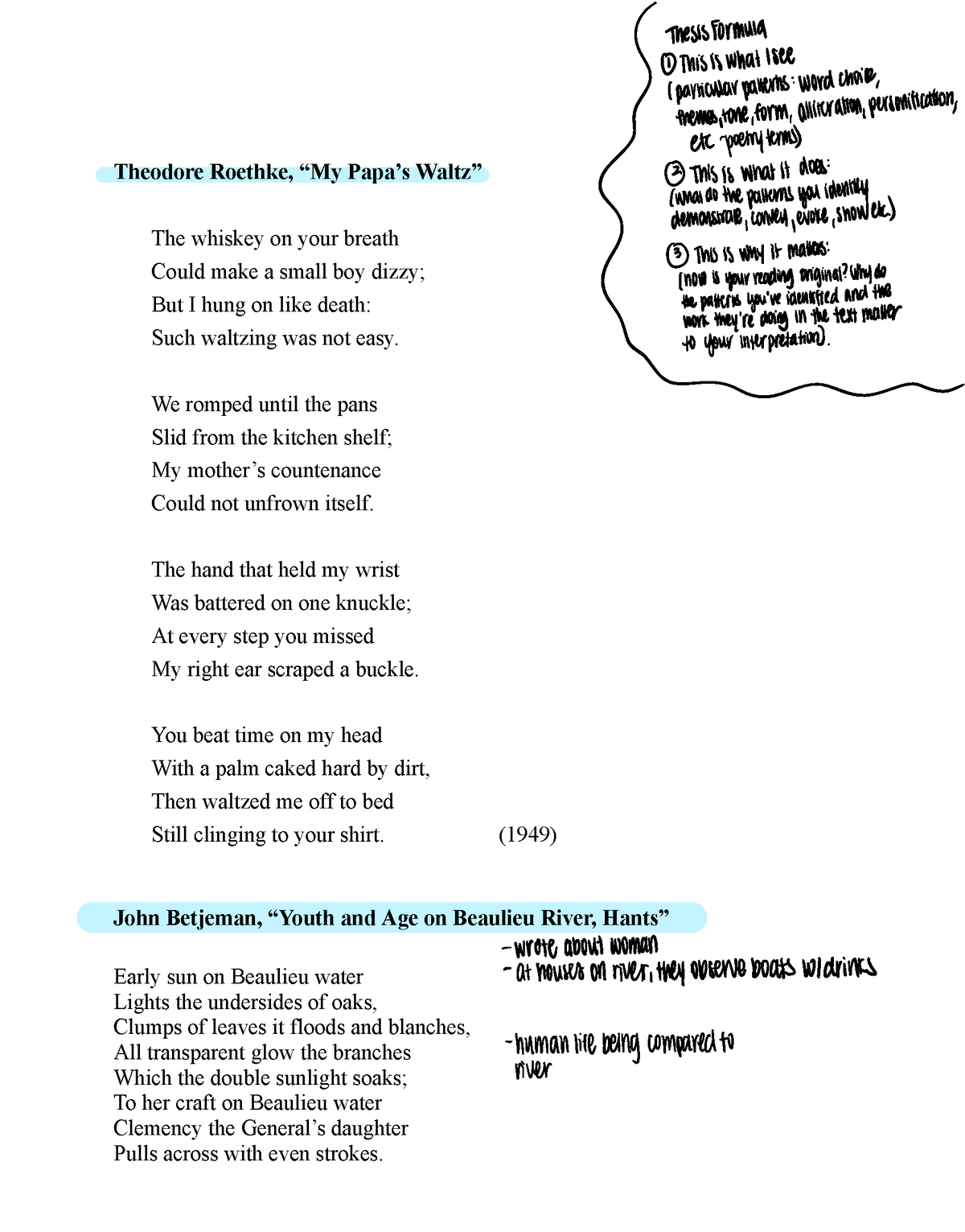 110-W21-Poems - notes - Theodore Roethke, “My Papa’s Waltz” The whiskey ...