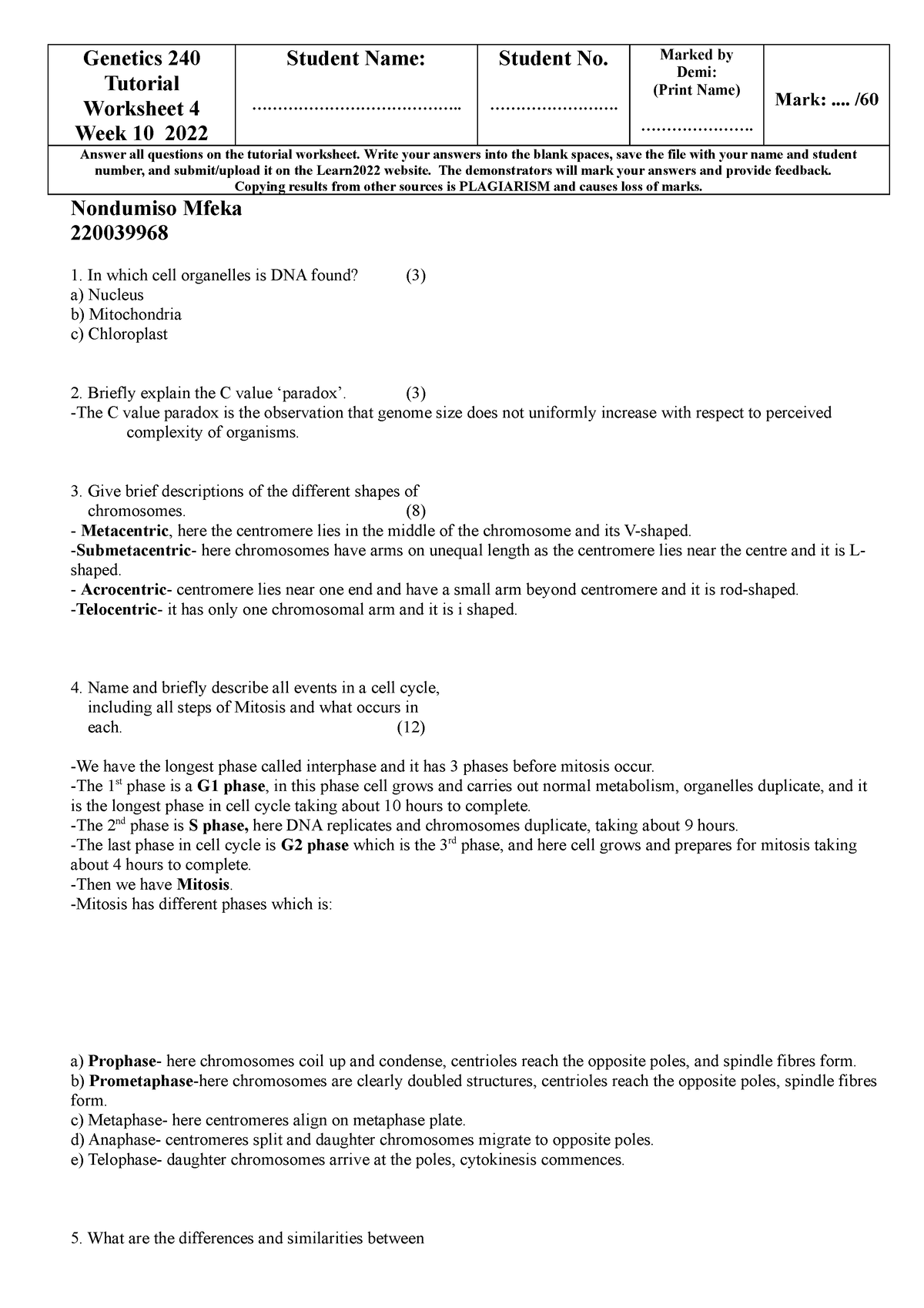 Tutorial Worksheet 4 Week 10 2022 Cytogenetics Mitosis Tut 10Q 60m ...