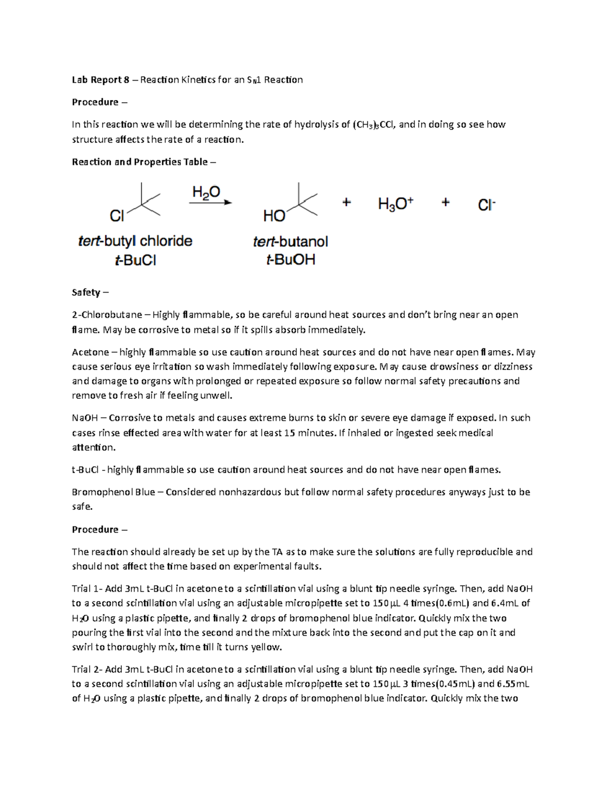 Lab Report 8 - Reaction Kinetics for an SN1 Reaction - Lab Report 8 ...