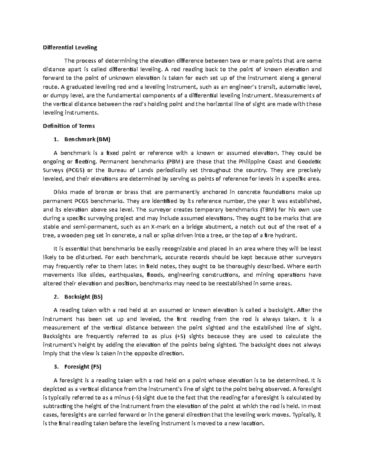 Procedure of Differential Leveling - Differential Leveling The process ...