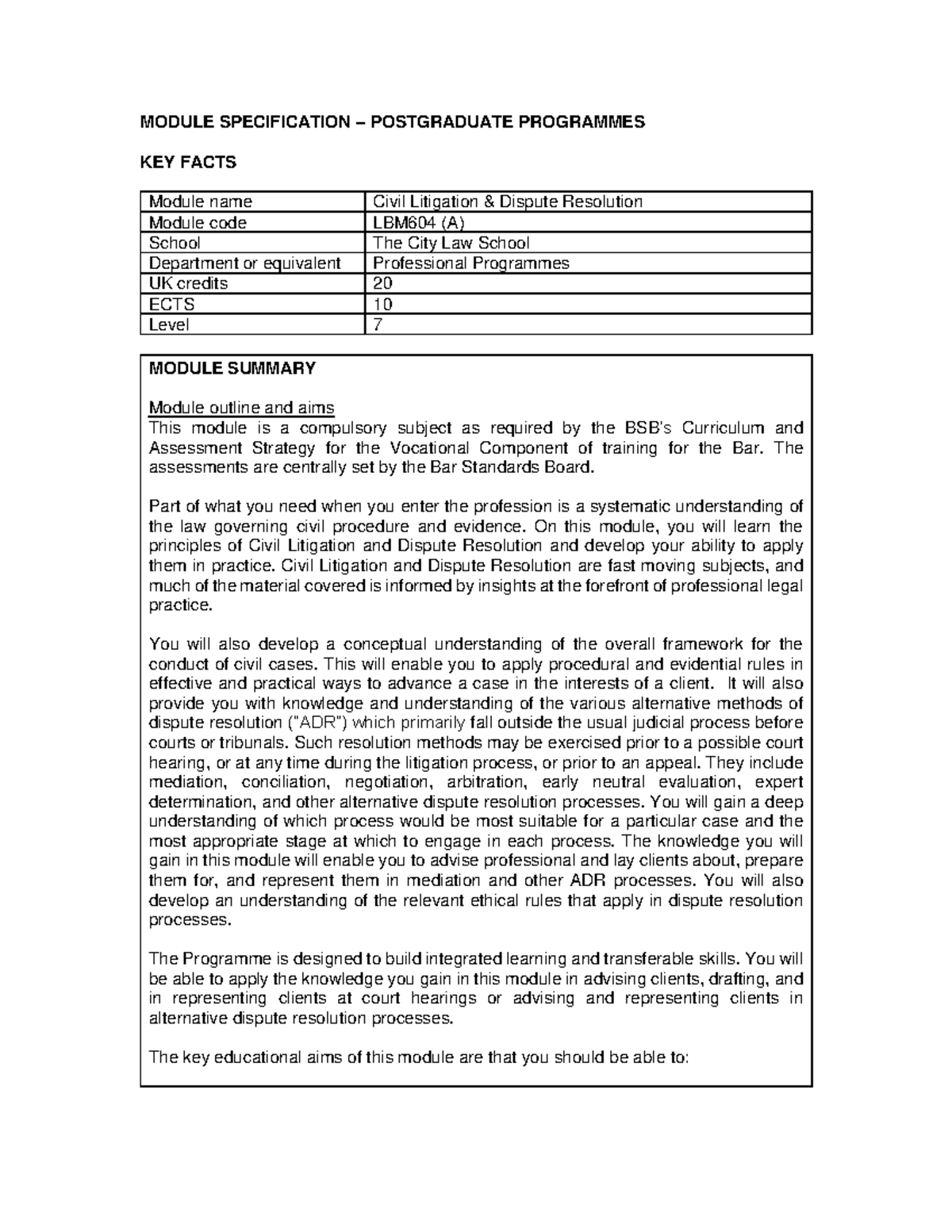 LBM604 (A) Civil Litigation Dispute Resolution - MODULE SPECIFICATION ...
