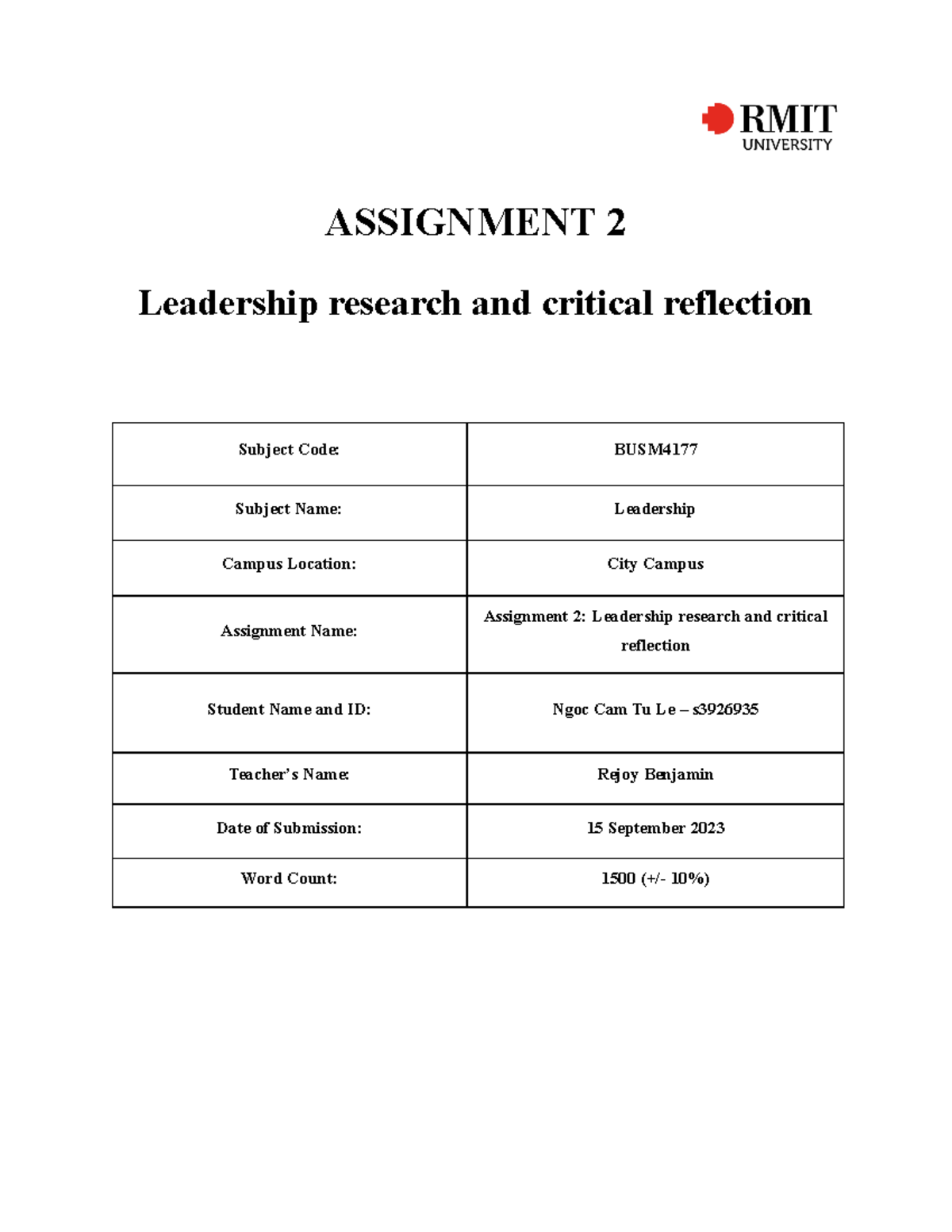 BUSM4177 Assignment 2 - ASSIGNMENT 2 Leadership research and critical ...