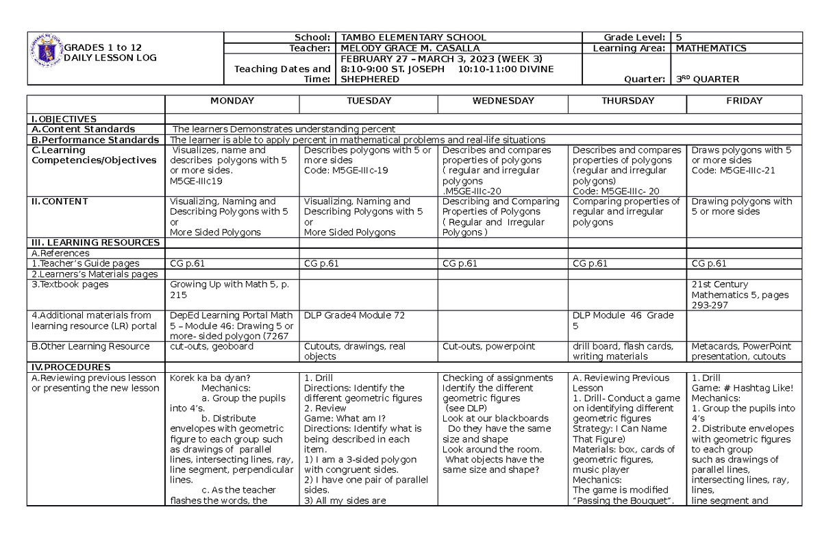 Q3 Mathematics 5 W3 - DLL - GRADES 1 to 12 DAILY LESSON LOG School ...