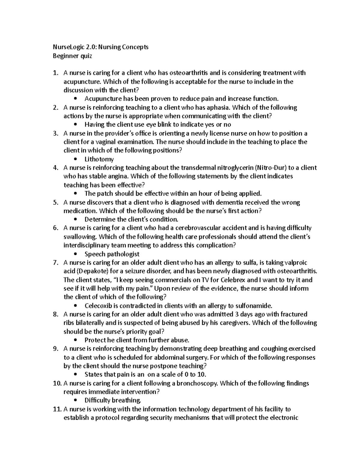 NL - Nursing Concepts - BQ - NurseLogic 2: Nursing Concepts Beginner