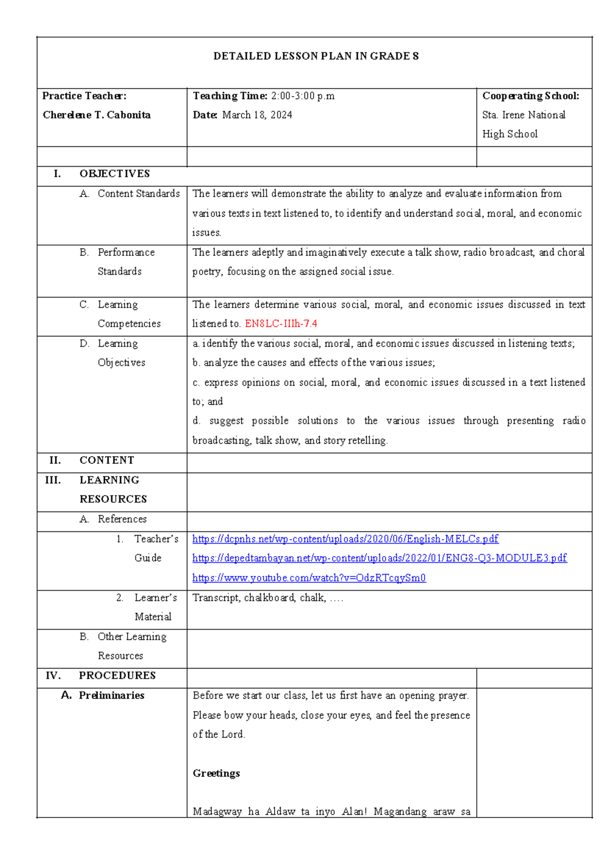 Grand DEMO Lesson PLAN - jnjknlk - DETAILED LESSON PLAN IN GRADE 8 ...