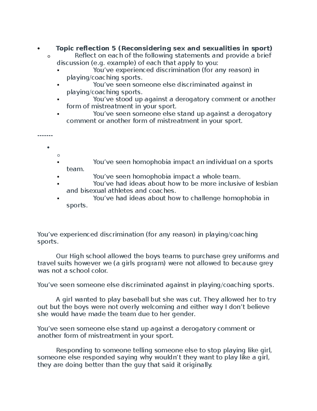 Topic Reflection 5 Reconsidering Sex And Sexualities In Sport Example Of Each That Apply To 2631