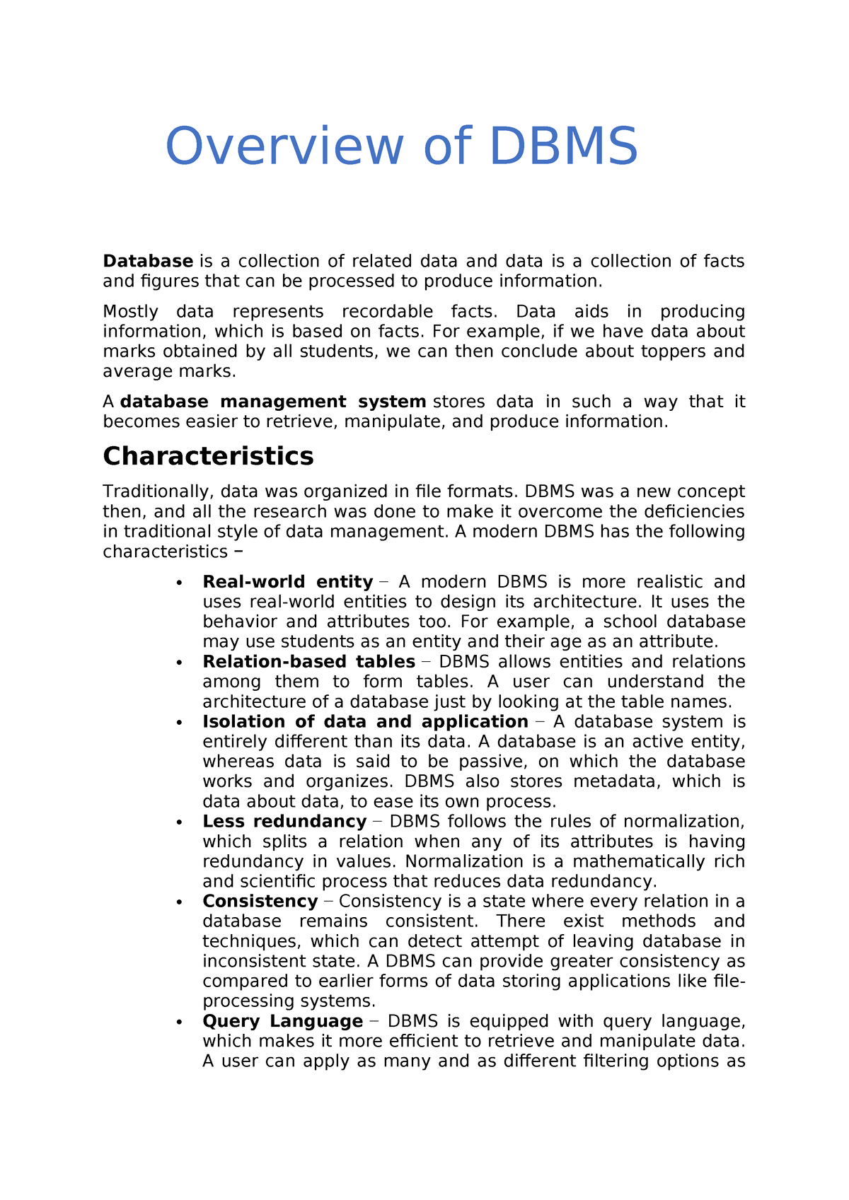 DBMS 1st Unit Notes - DBMS UNIT -1 - Database Is A Collection Of ...