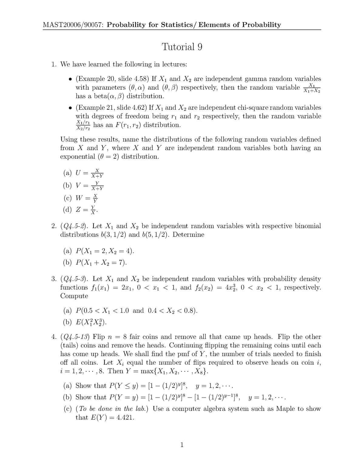 Tutorial 9 Questions Mast006 Probability For Statistics Elements Of Probability Tutorial Studocu