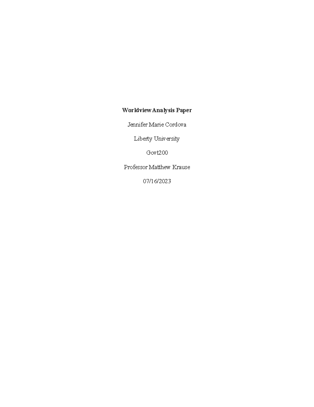 Worldview Analysis Paper wk4 - Worldview Analysis Paper Jennifer Marie ...