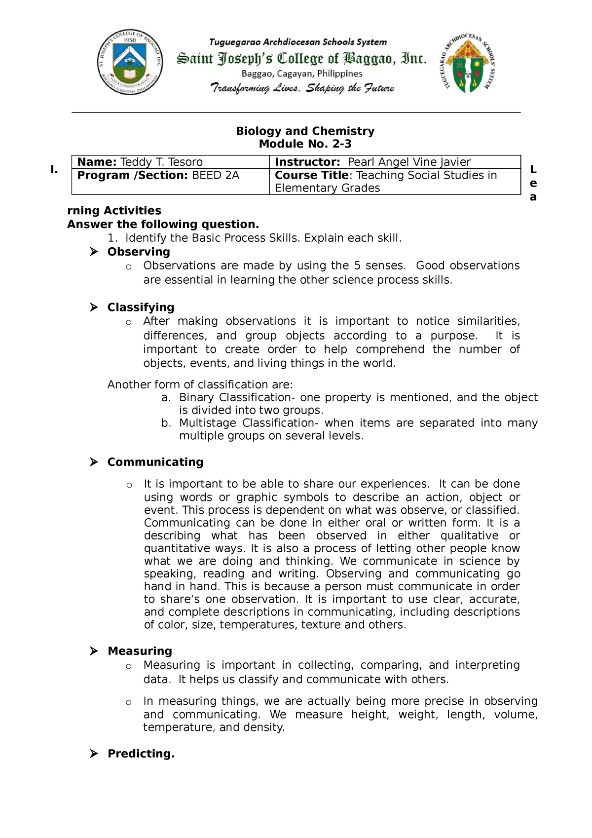 Biology and Chemistry - Biology and Chemistry Module No. 2- I. L e a ...