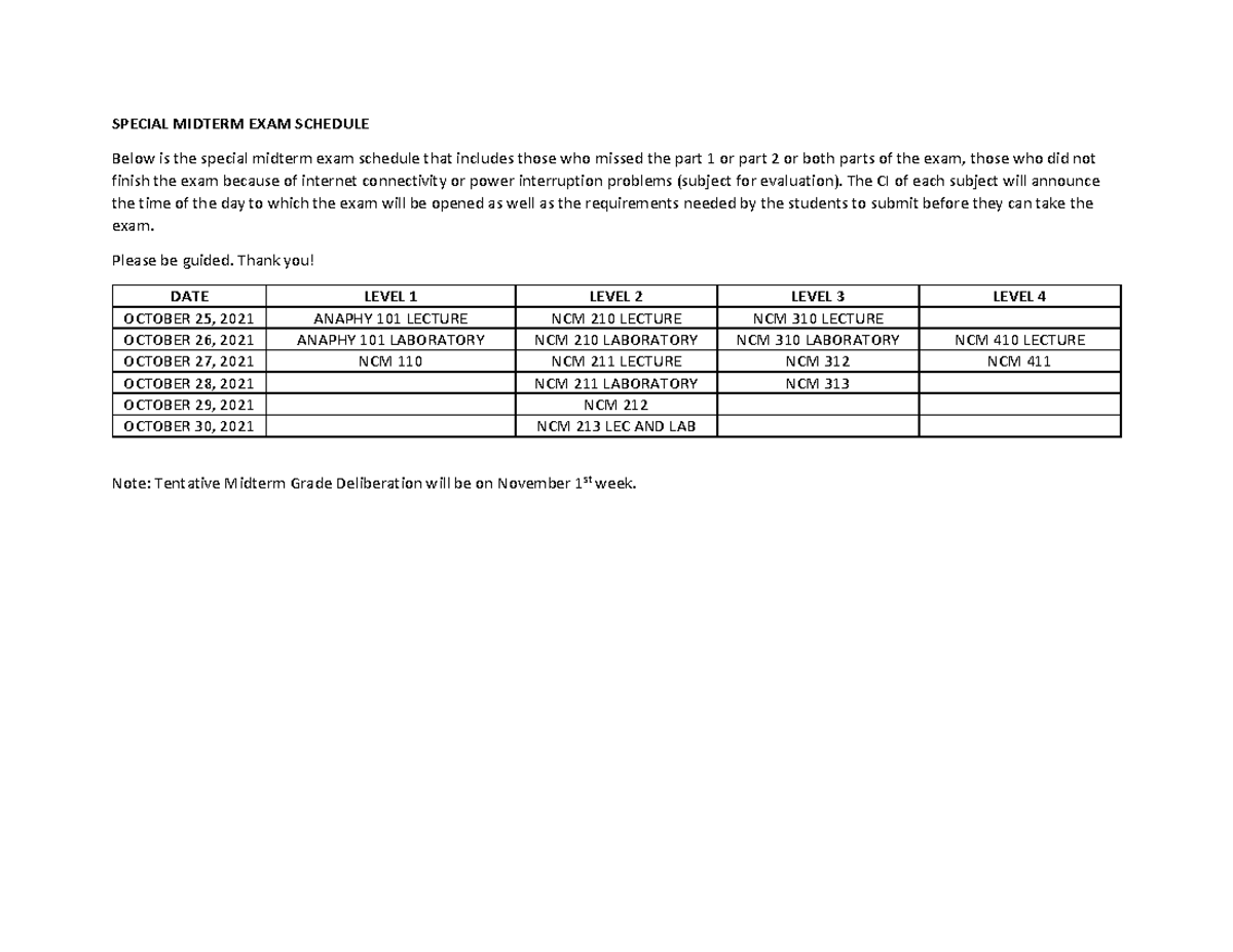 Special Midterm EXAM Schedule 1 - SPECIAL MIDTERM EXAM SCHEDULE Below ...