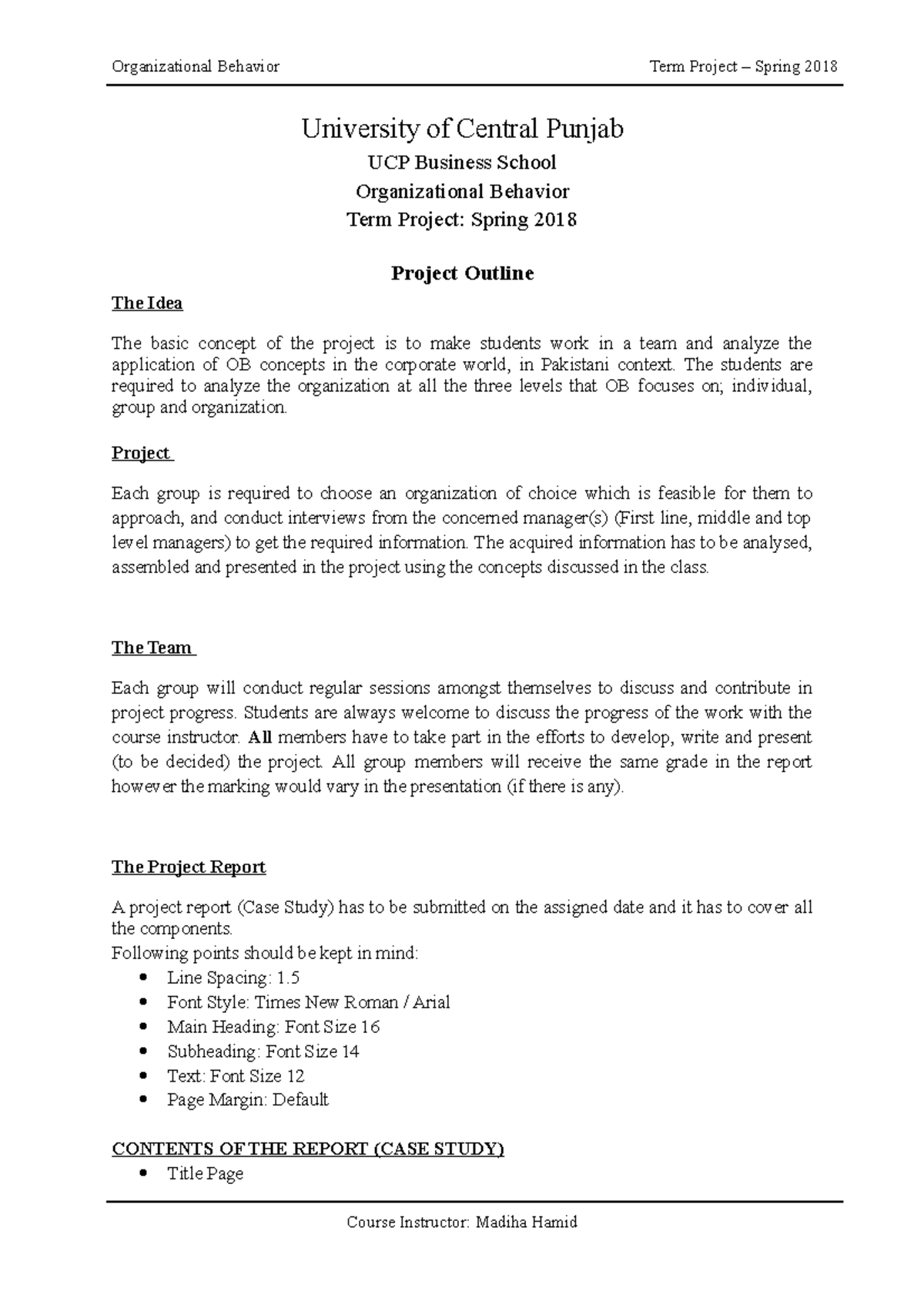 OB Project Outline - Lecture notes 1 - Organizational Behavior Term ...