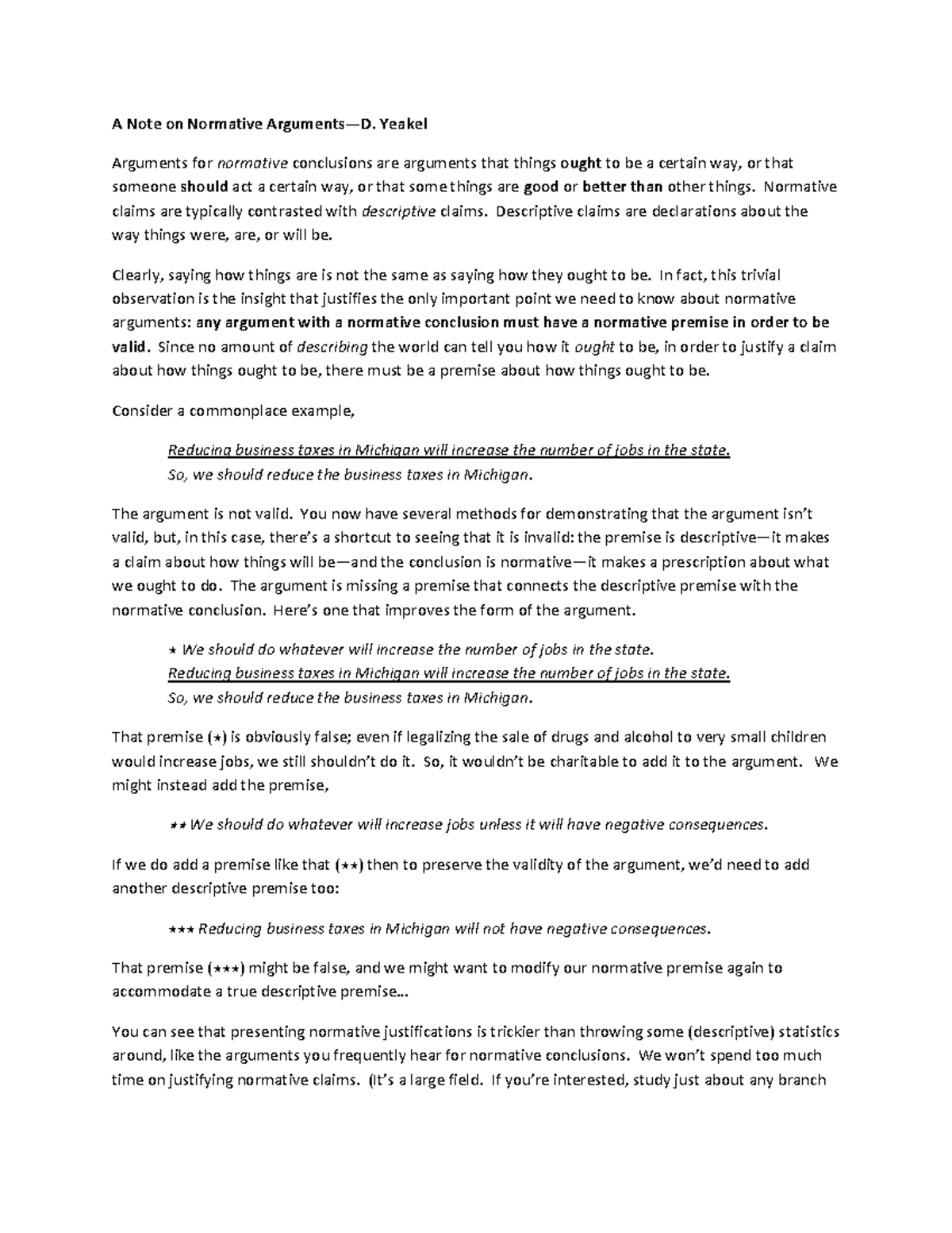 A Note on Normative Arguments Yeakel Arguments for normative