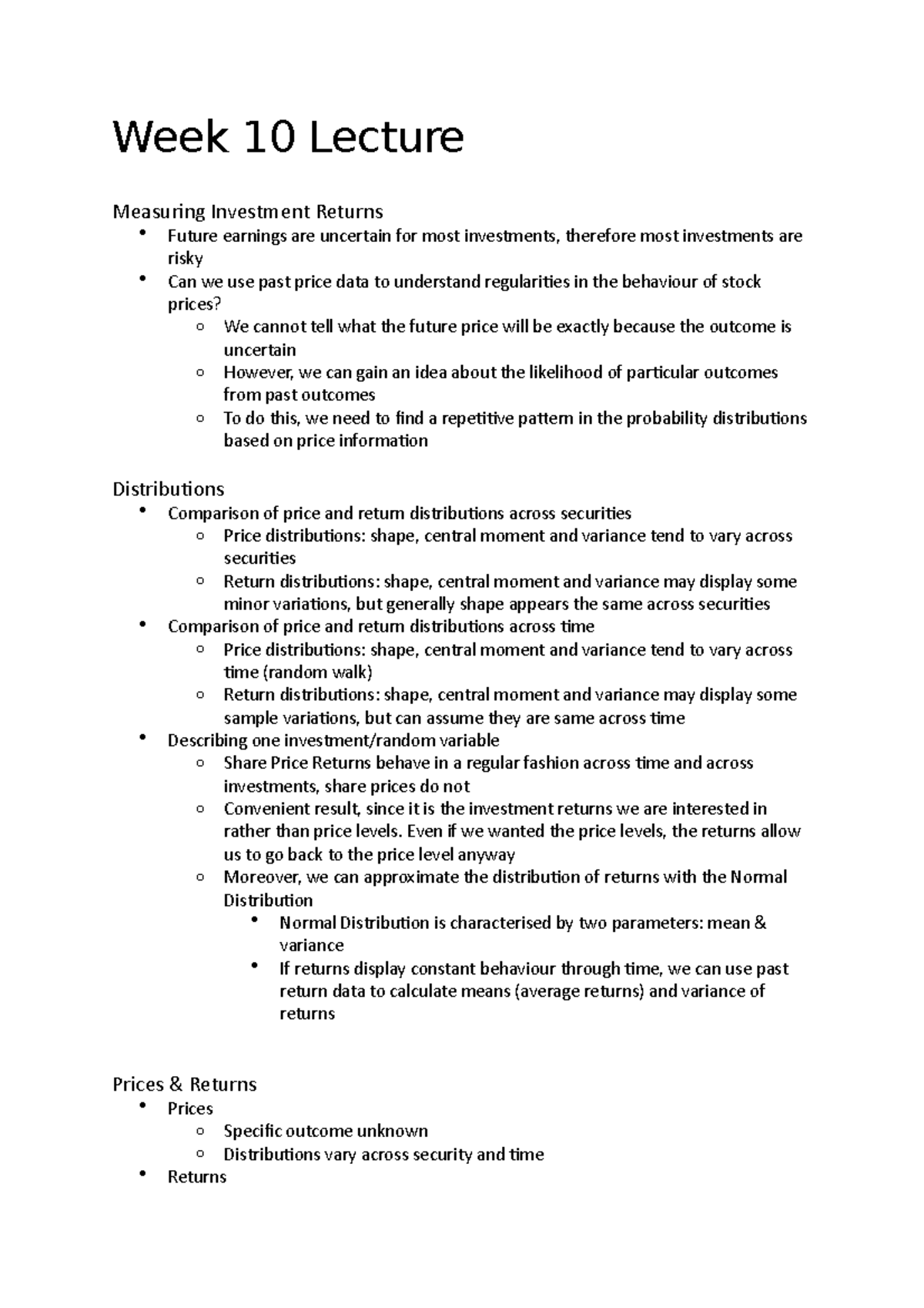 Week 10 Lecture Notes - Week 10 Lecture Measuring Investment Returns ...